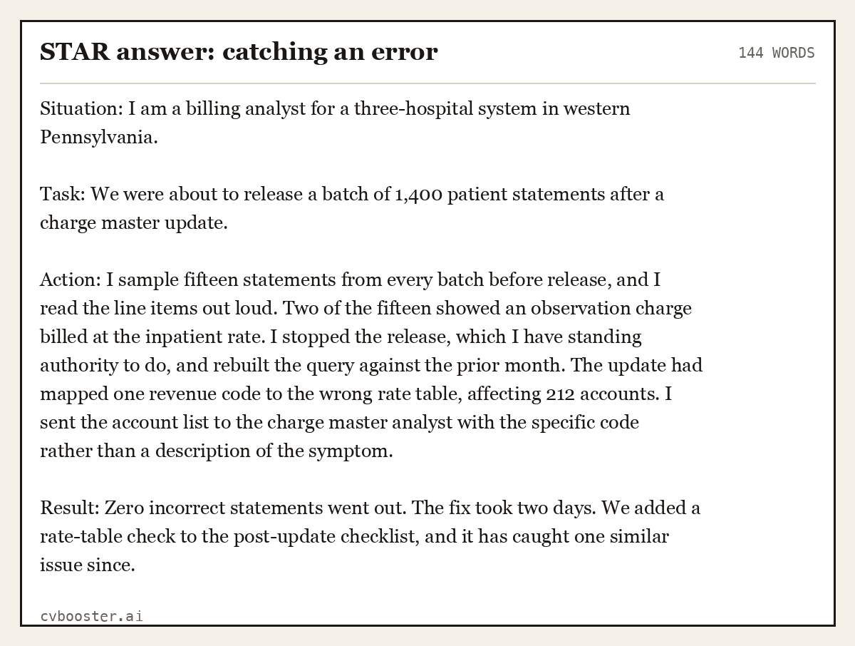 Complete STAR answer: catching an error example, 144 words, laid out as it would sit in the application form