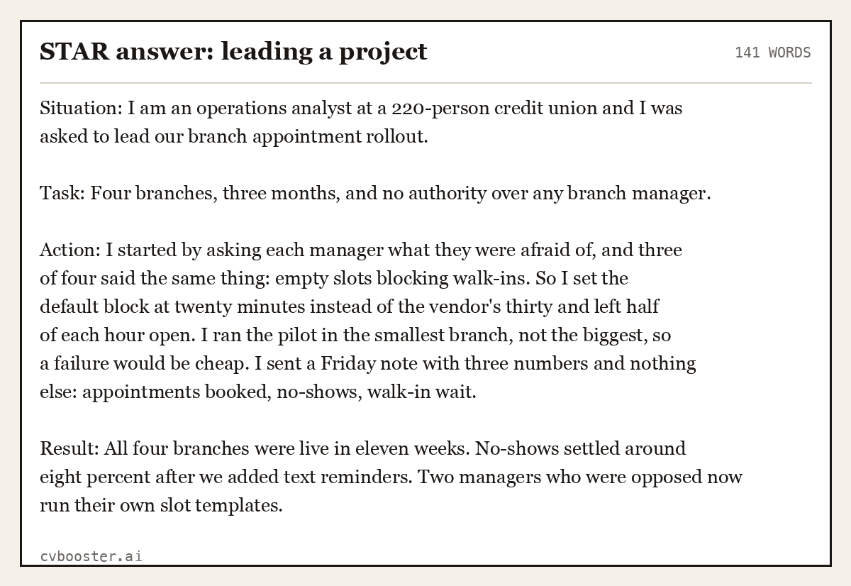 Complete STAR answer: leading a project example, 141 words, laid out as it would sit in the application form
