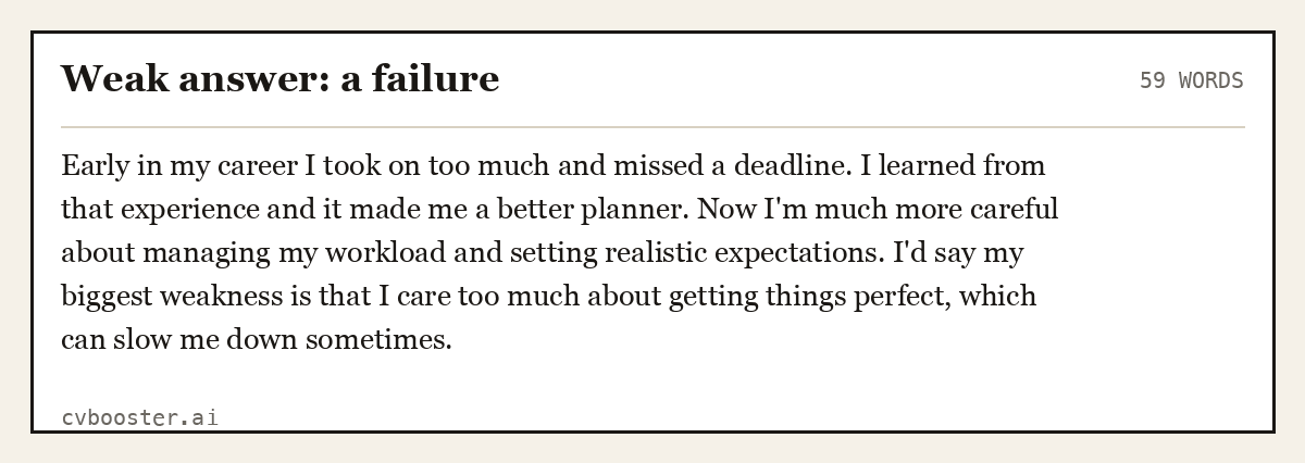 Complete Weak answer: a failure example, 59 words, laid out as it would sit in the application form
