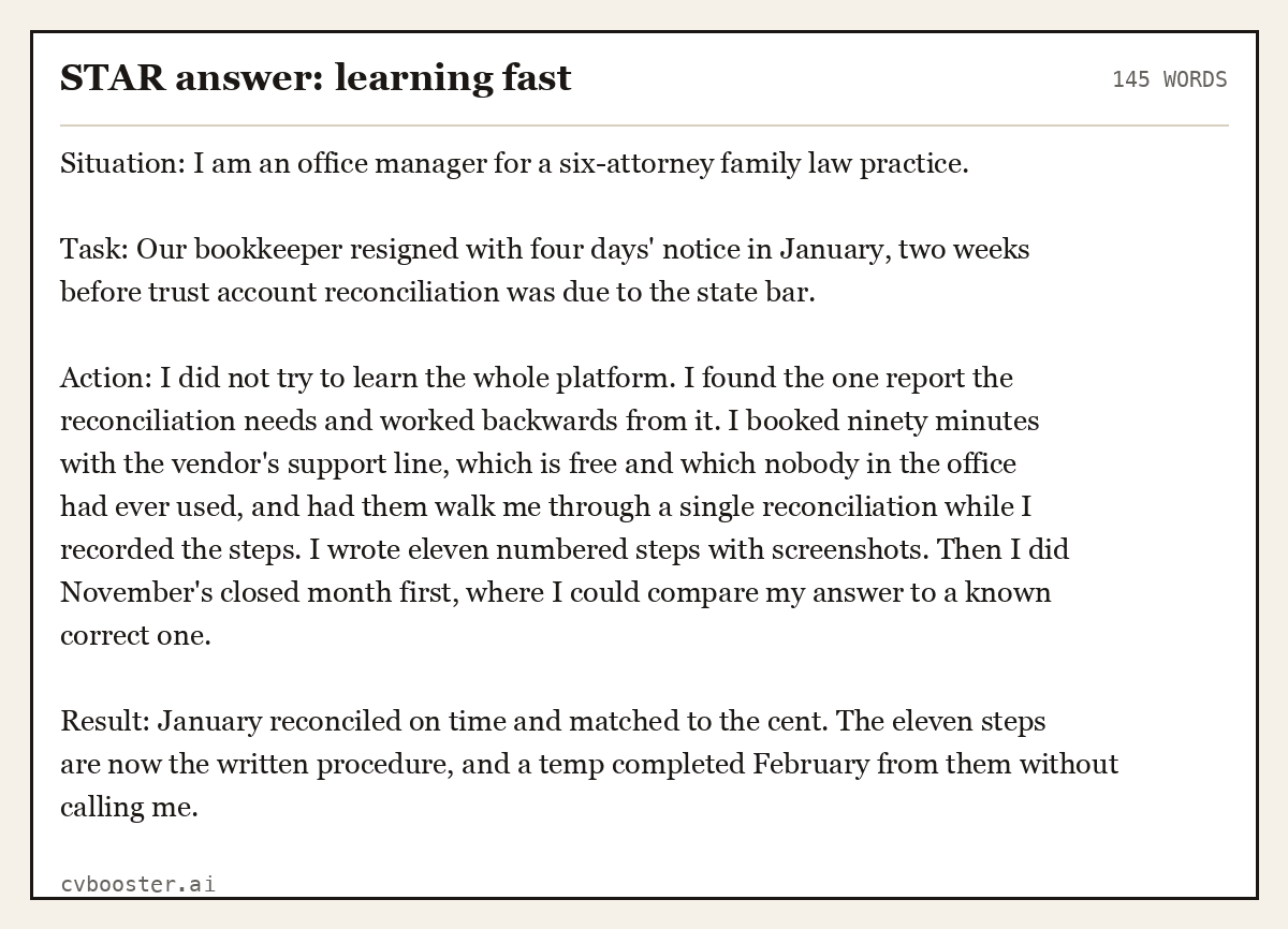 Complete STAR answer: learning fast example, 145 words, laid out as it would sit in the application form