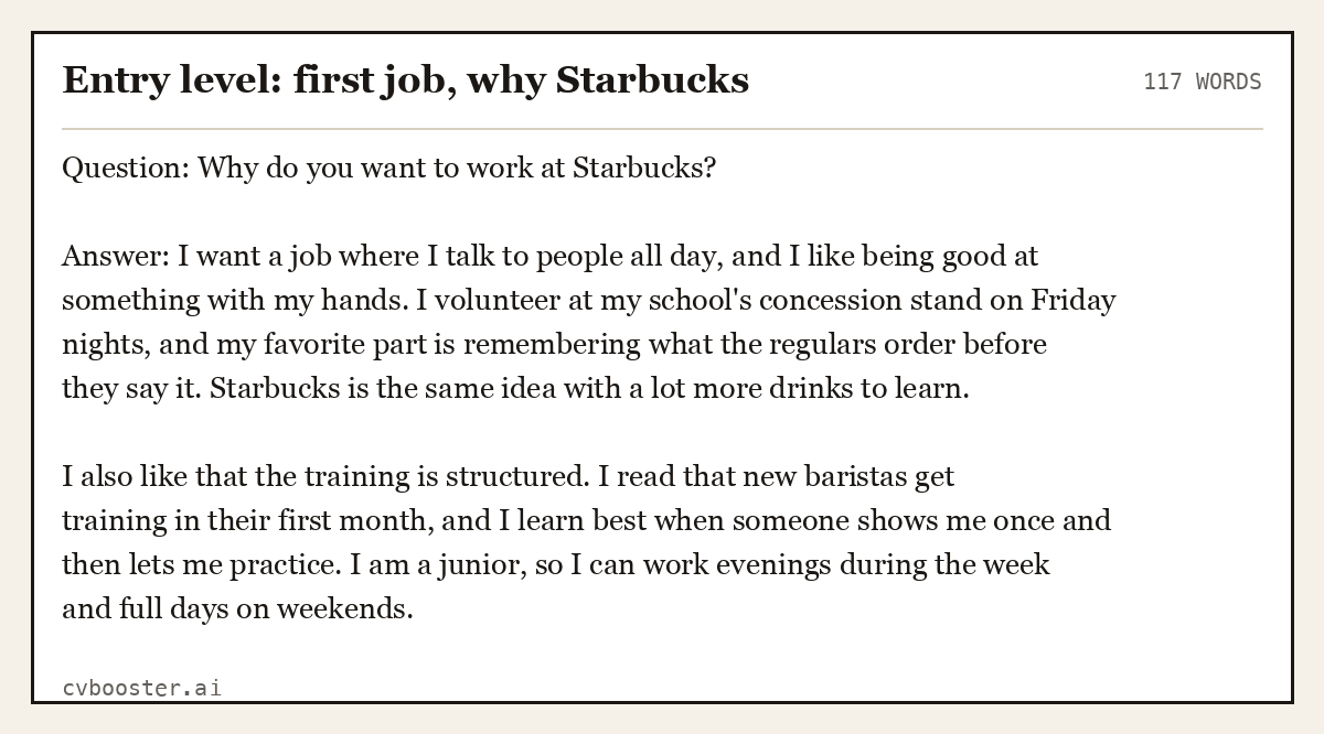 Complete Entry level: first job, why Starbucks example, 117 words, laid out as it would sit in the application form