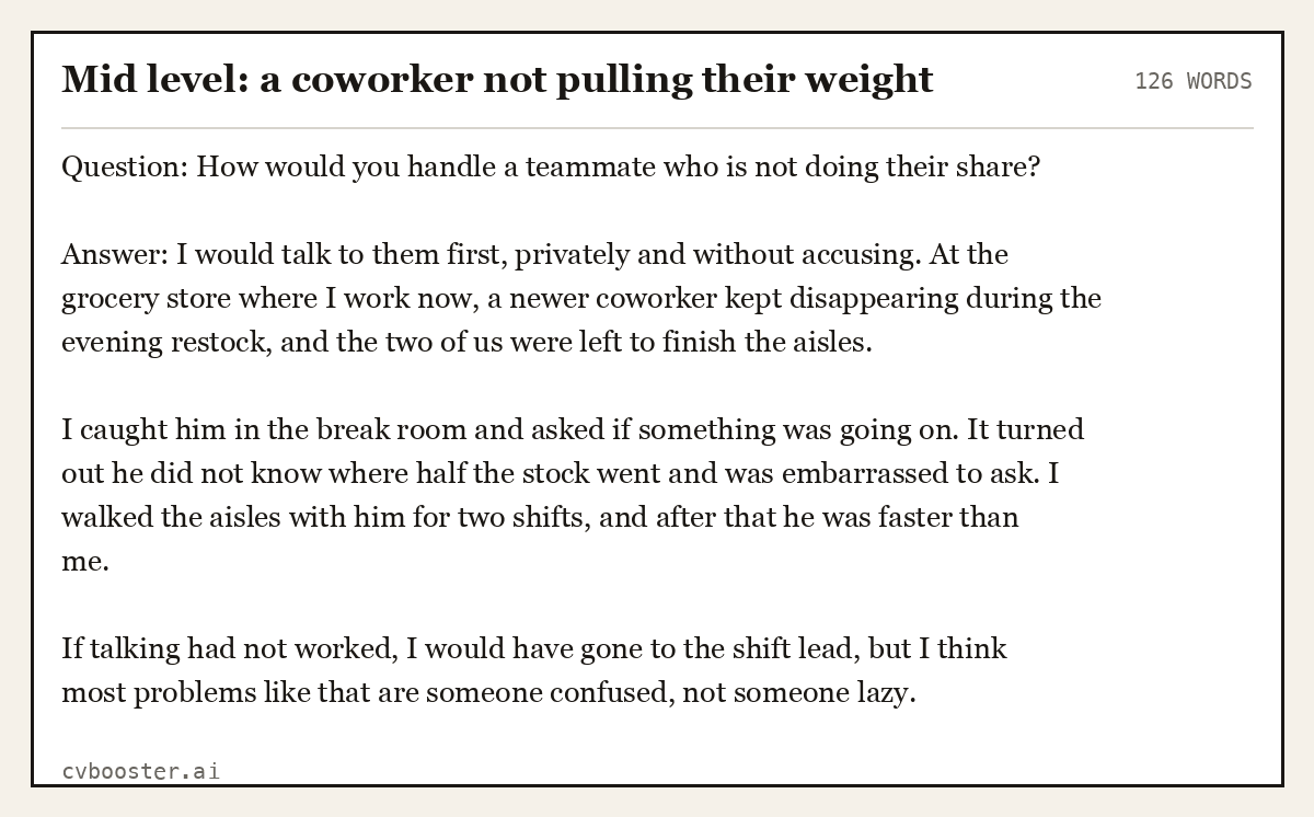 Complete Mid level: a coworker not pulling their weight example, 126 words, laid out as it would sit in the application form