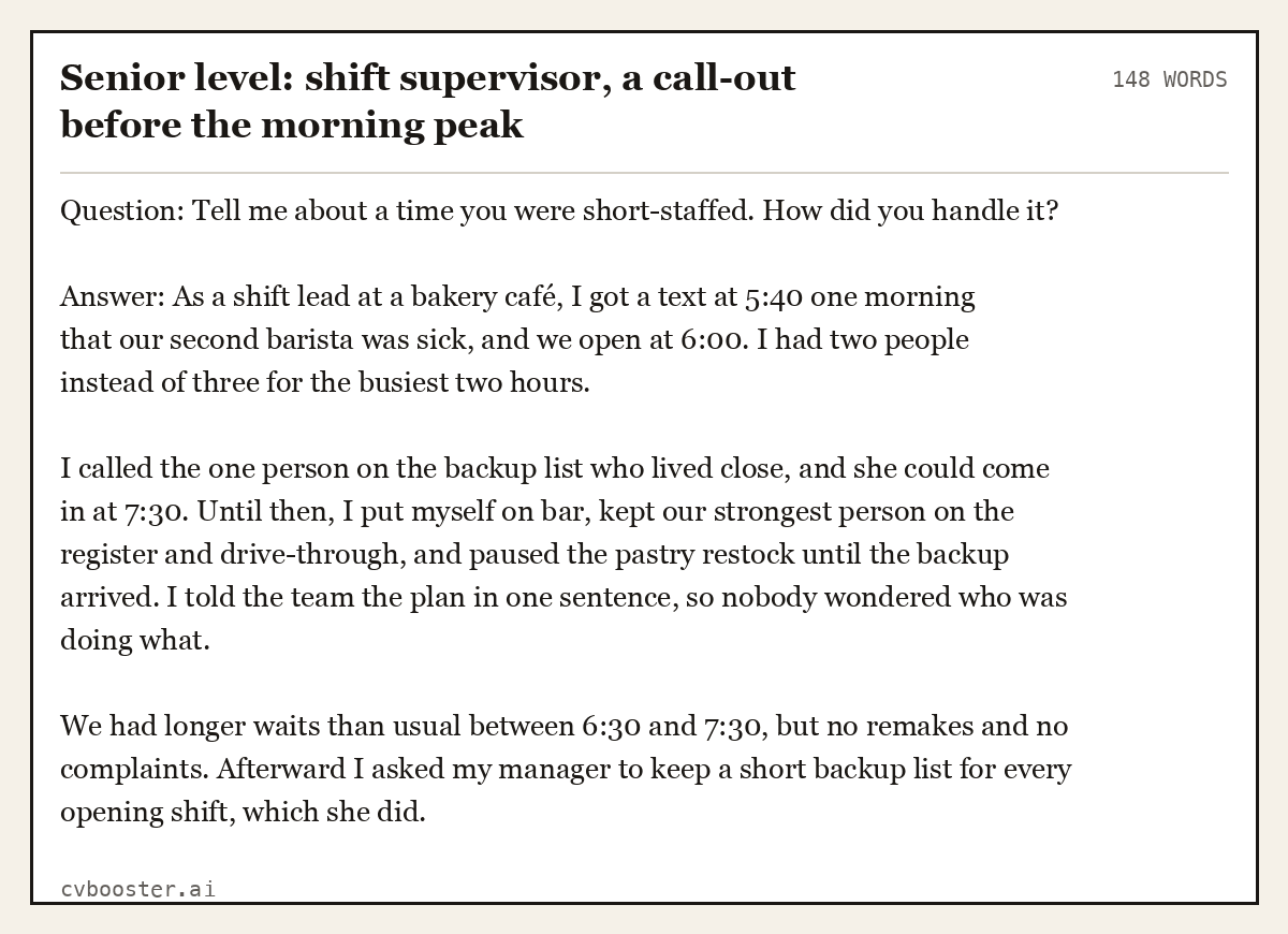 Complete Senior level: shift supervisor, a call-out before the morning peak example, 148 words, laid out as it would sit in the application form