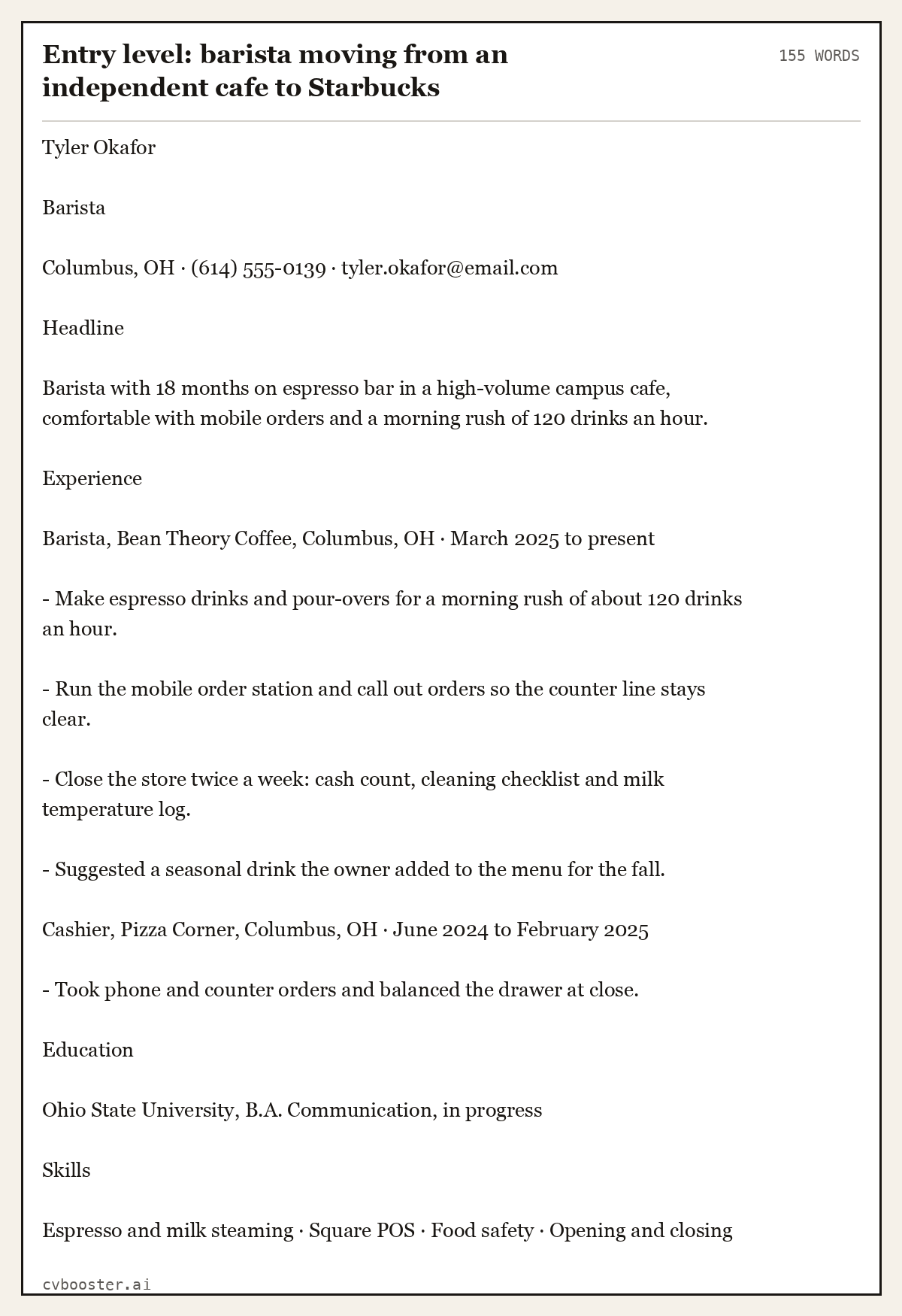Complete Entry level: barista moving from an independent cafe to Starbucks example, 155 words, laid out as it would sit in the application form