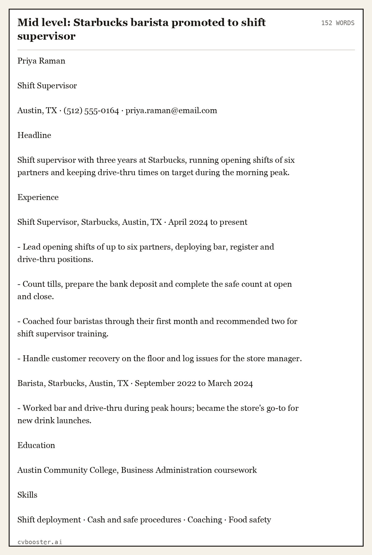 Complete Mid level: Starbucks barista promoted to shift supervisor example, 152 words, laid out as it would sit in the application form
