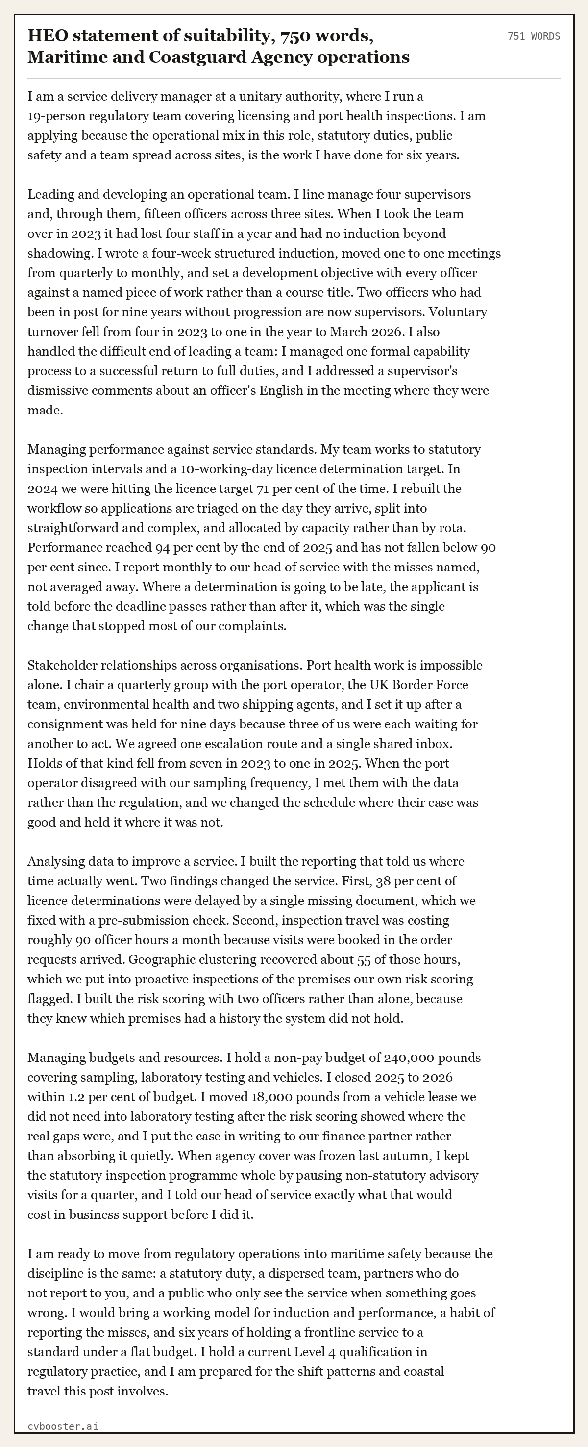 Complete HEO statement of suitability, 750 words, Maritime and Coastguard Agency operations manager example, 751 words, laid out as it would sit in the application form