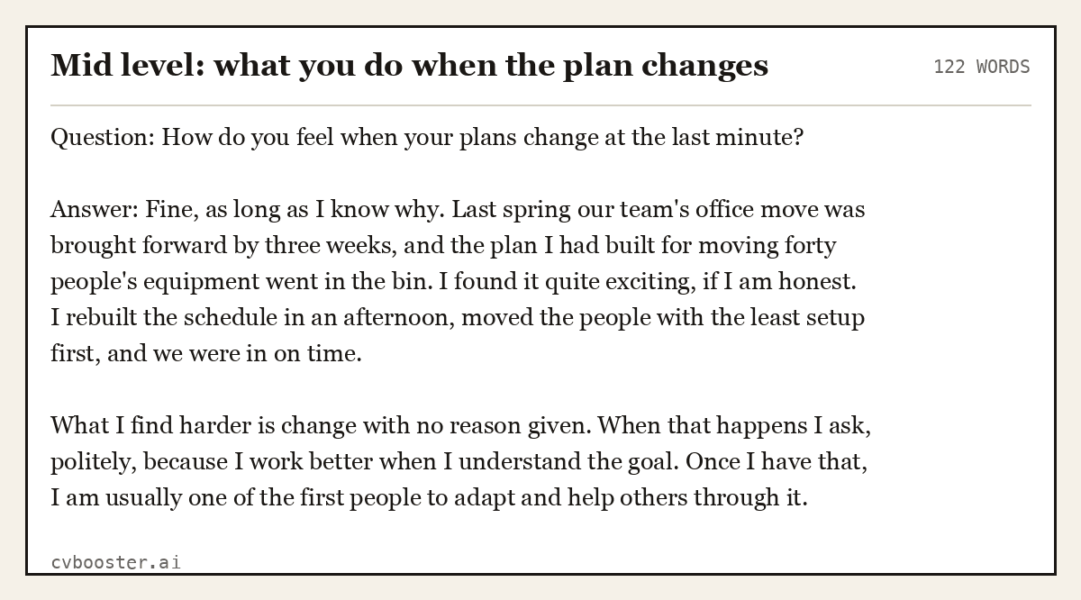 Complete Mid level: what you do when the plan changes example, 122 words, laid out as it would sit in the application form