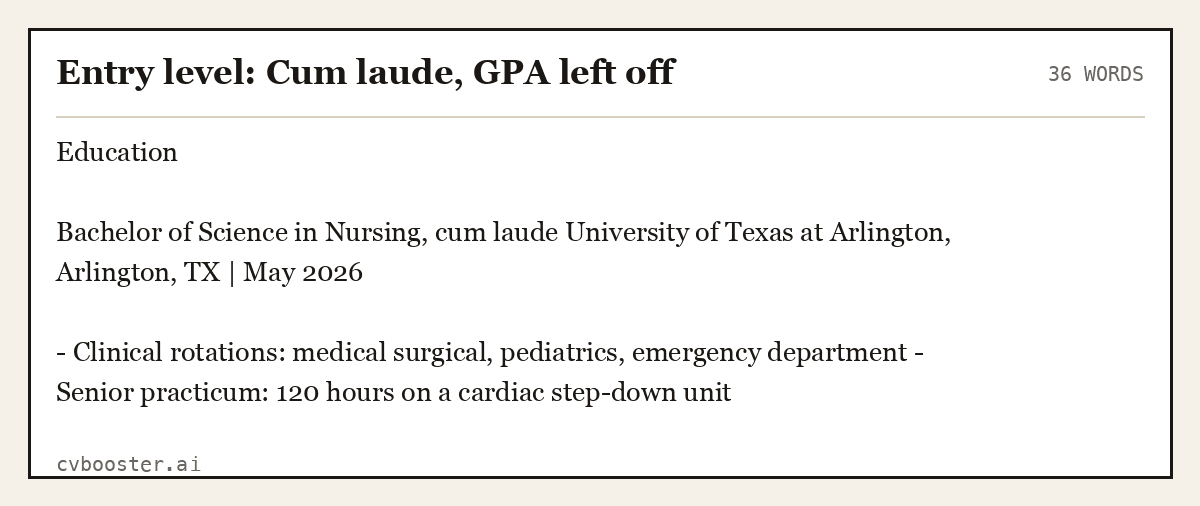Complete Entry level: Cum laude, GPA left off example, 36 words, laid out as it would sit in the application form