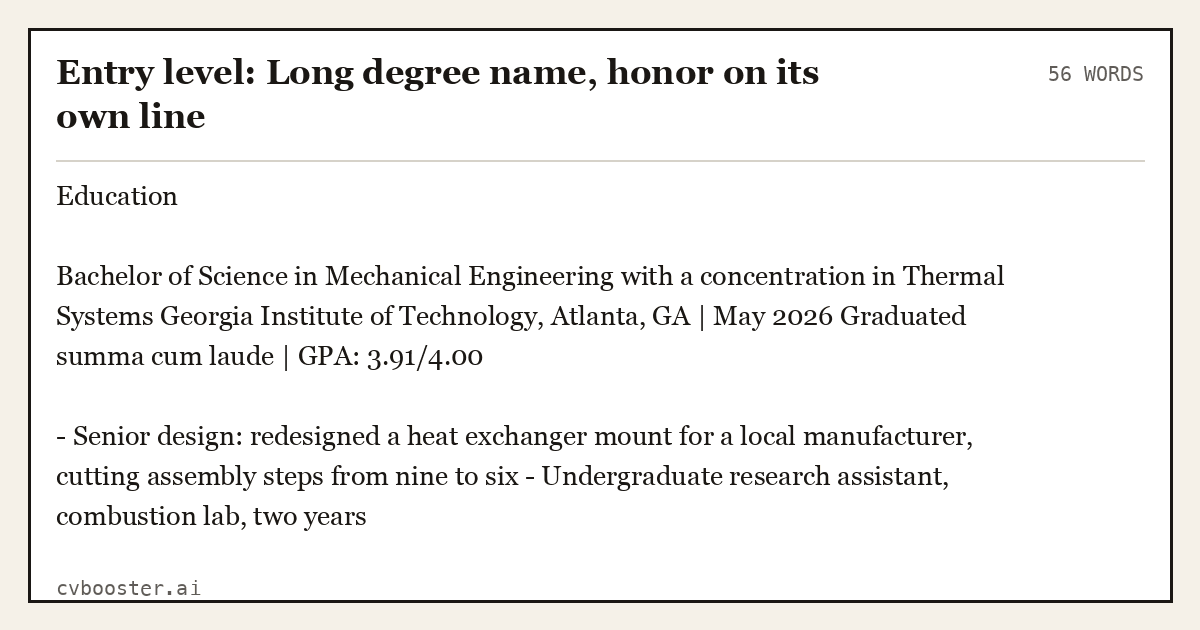 Complete Entry level: Long degree name, honor on its own line example, 56 words, laid out as it would sit in the application form