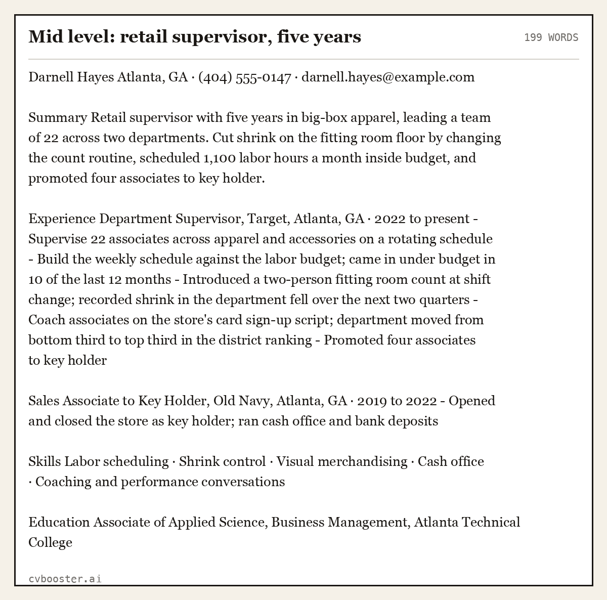 Complete Mid level: retail supervisor, five years example, 199 words, laid out as it would sit in the application form