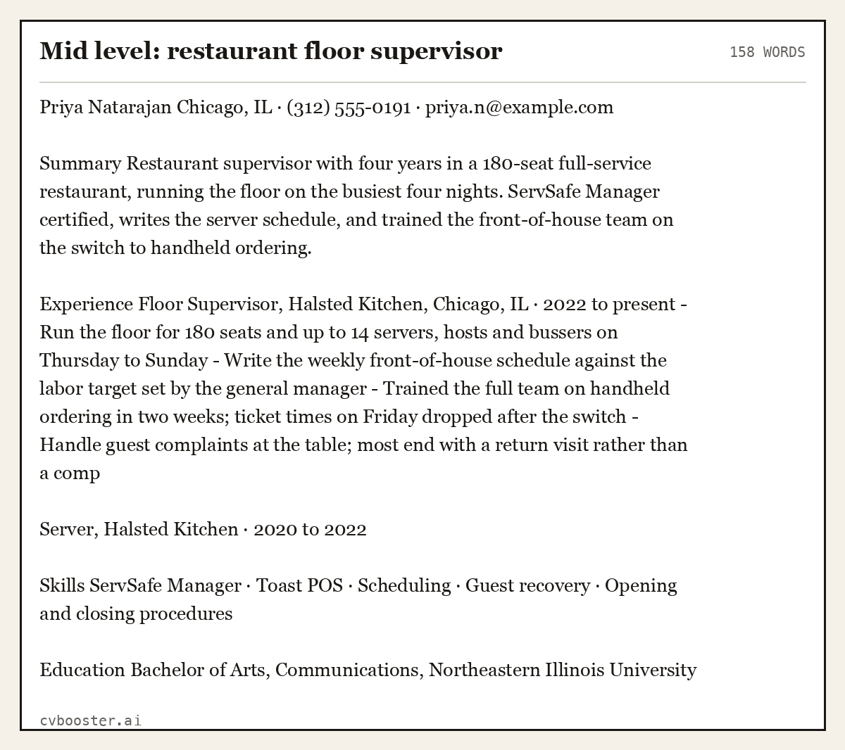 Complete Mid level: restaurant floor supervisor example, 158 words, laid out as it would sit in the application form