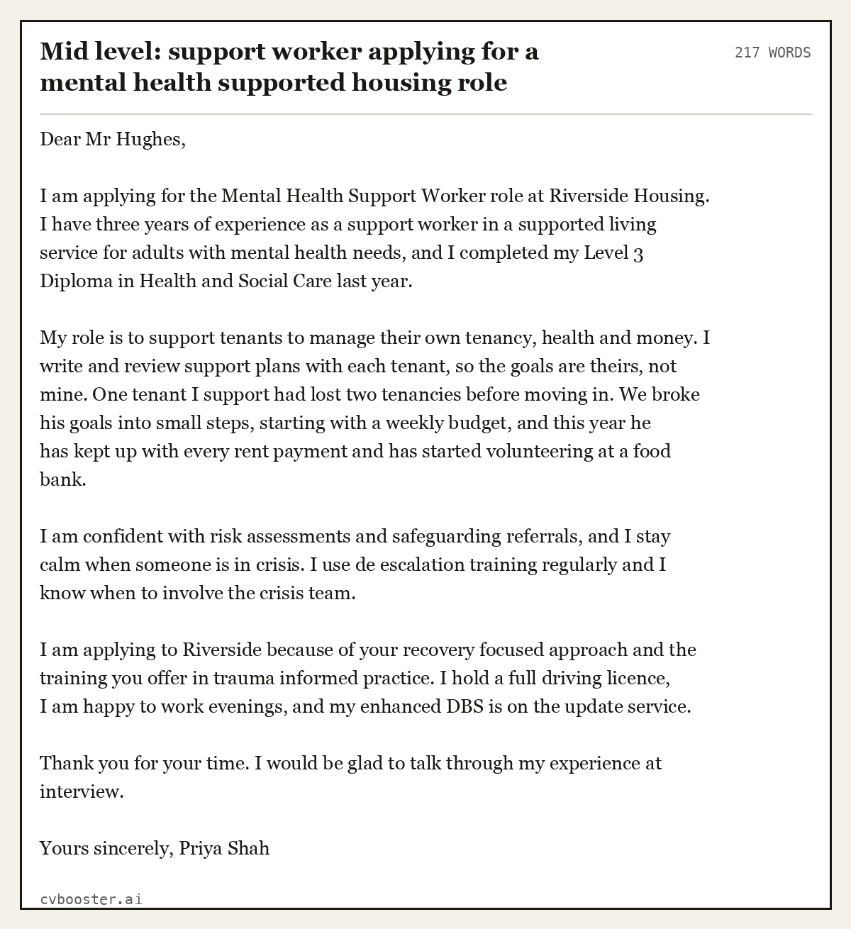 Complete Mid level: support worker applying for a mental health supported housing role example, 217 words, laid out as it would sit in the application form