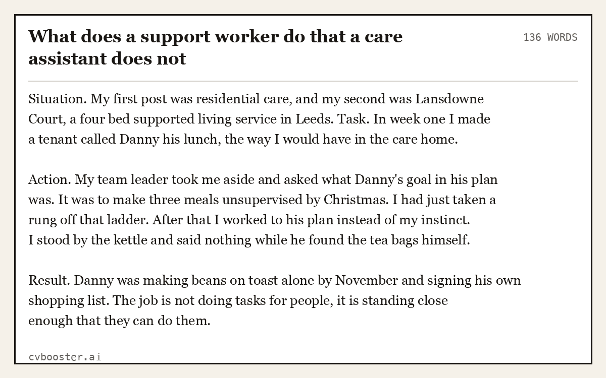 Full interview answer to "What does a support worker do that a care assistant does not", 136 words, labelled Situation, Task, Action, Result