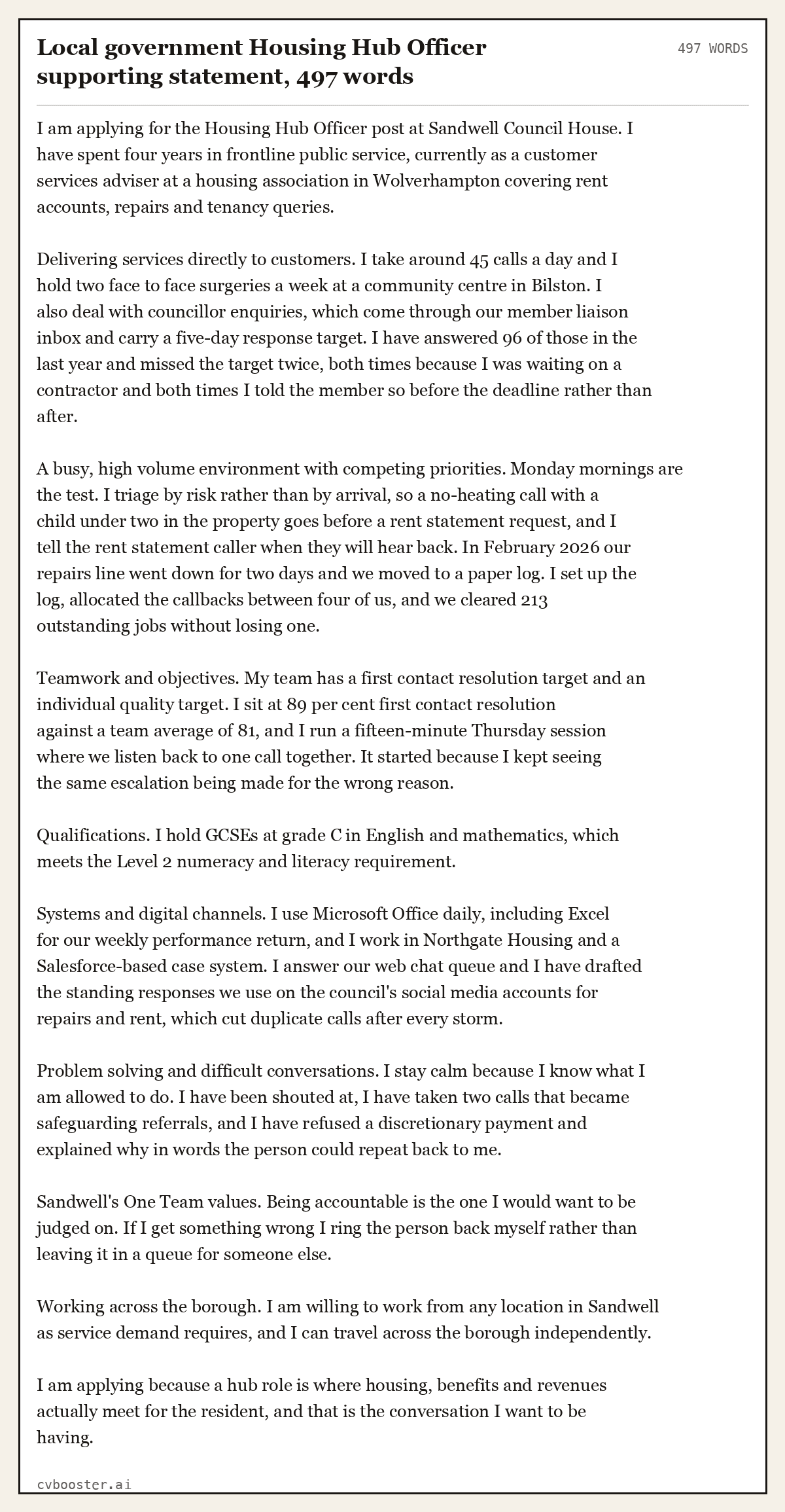 Complete Local government Housing Hub Officer supporting statement example, 497 words, laid out as it would sit in the application form