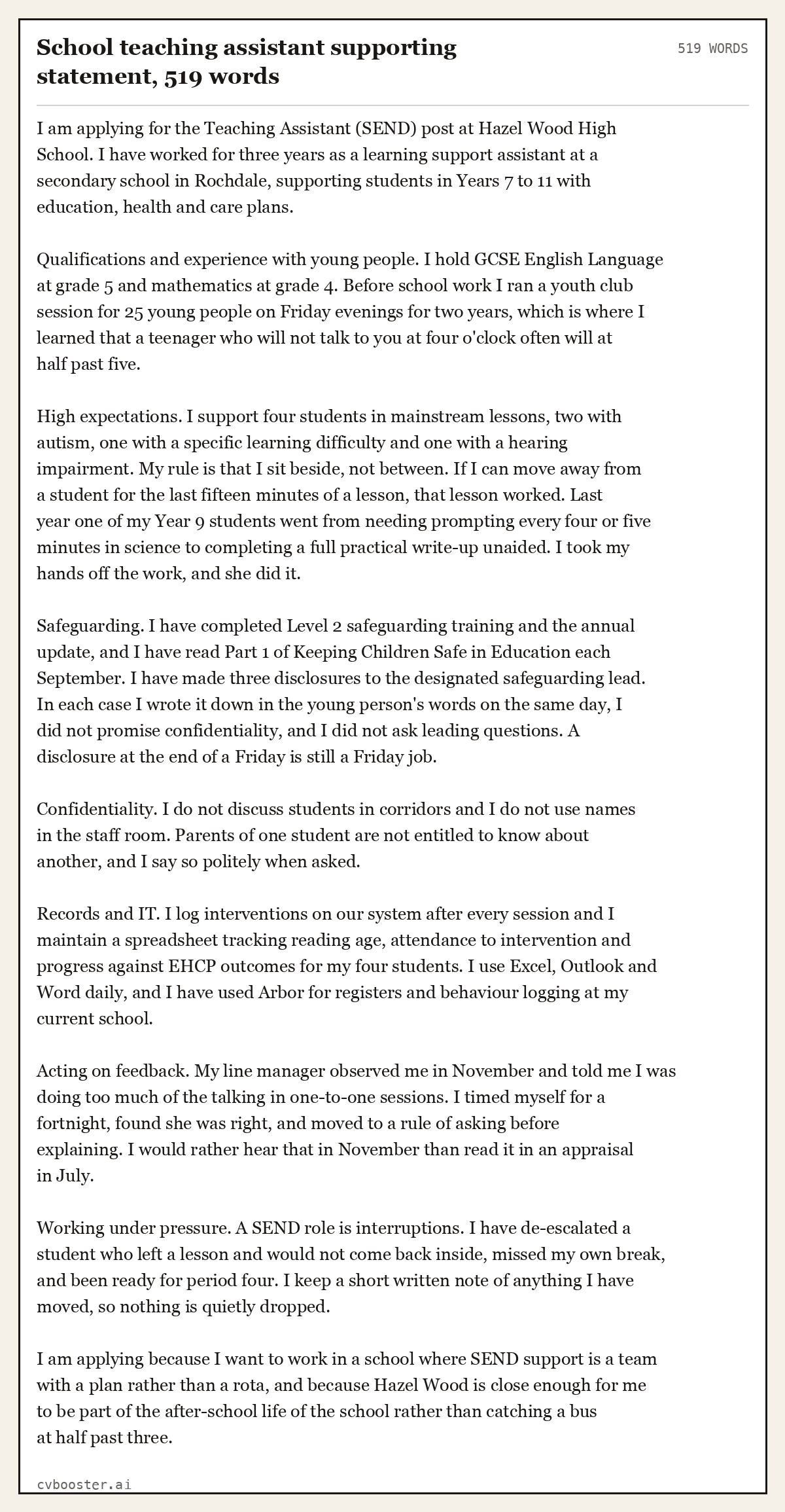 Complete School teaching assistant supporting statement example, 519 words, laid out as it would sit in the application form