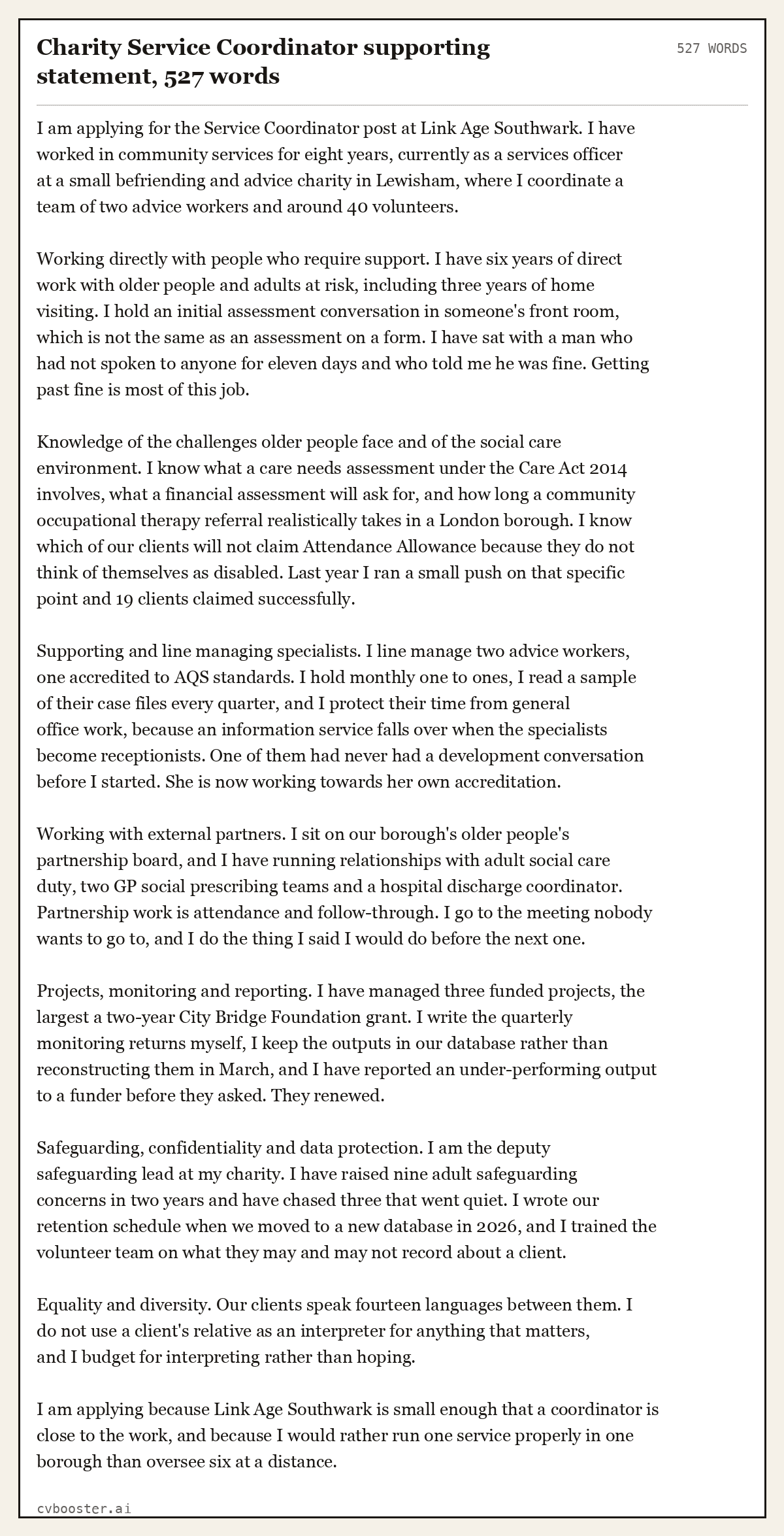 Complete Charity Service Coordinator supporting statement example, 527 words, laid out as it would sit in the application form