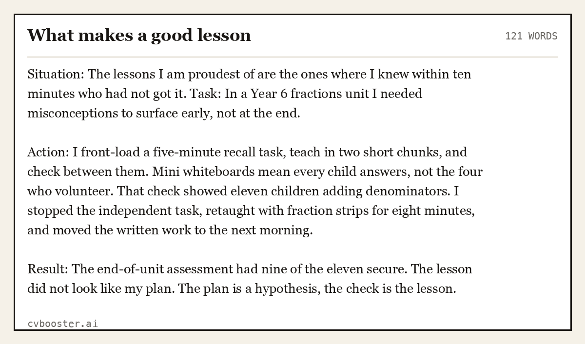 Full interview answer to "What makes a good lesson", 121 words, labelled Situation, Task, Action, Result