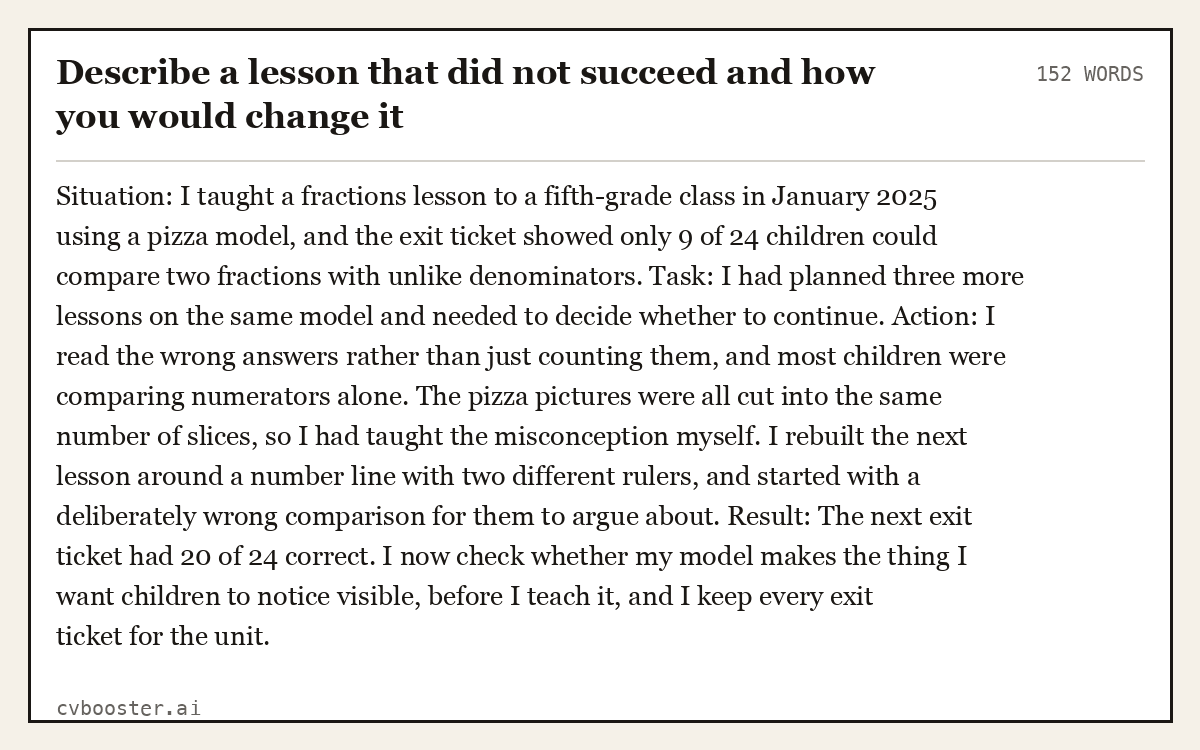 Full interview answer to "Describe a lesson that did not succeed and how you would change it", 152 words, labelled Situation, Task, Action, Result