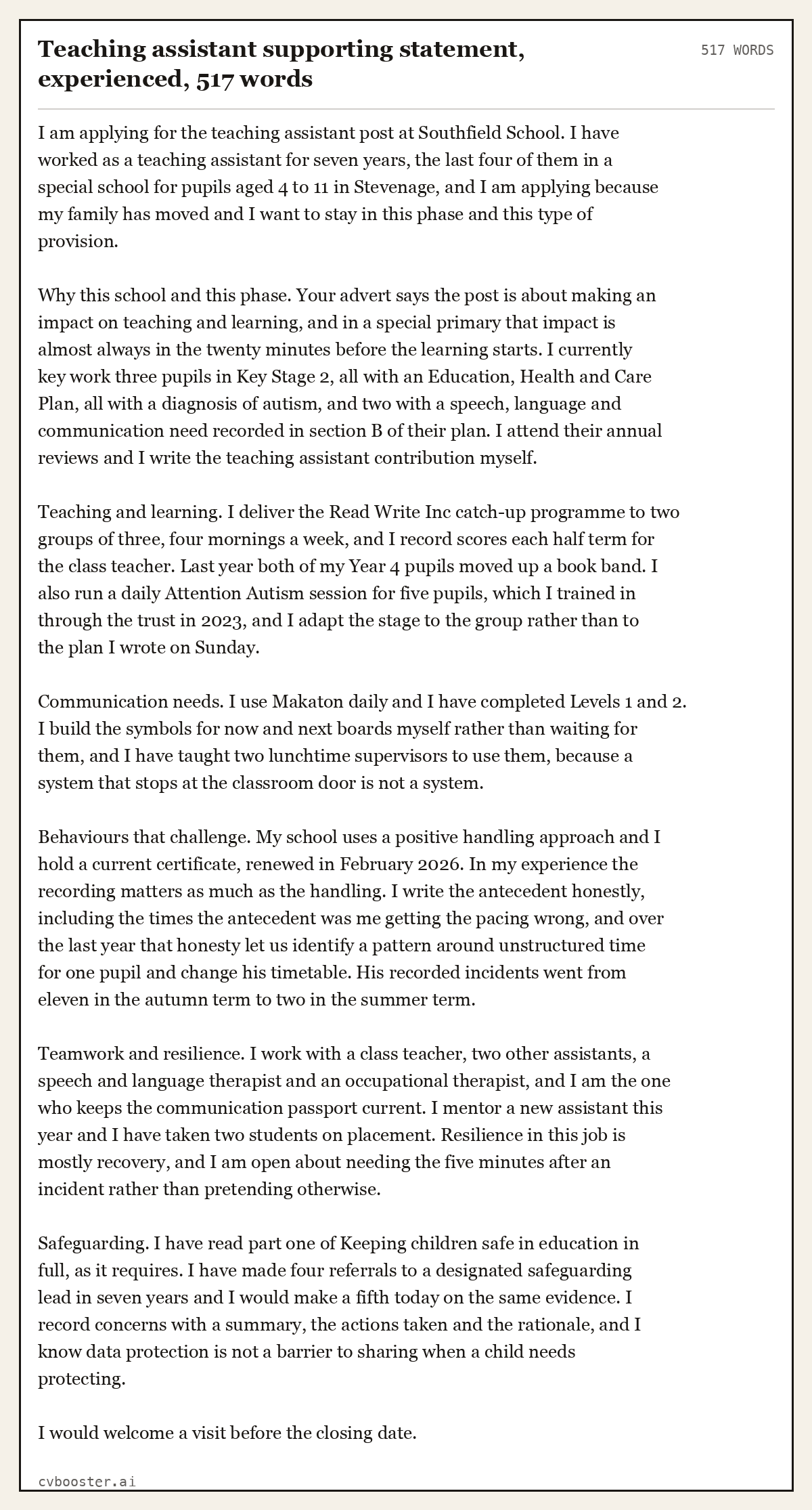 Complete Teaching assistant supporting statement, experienced example, 517 words, laid out as it would sit in the application form
