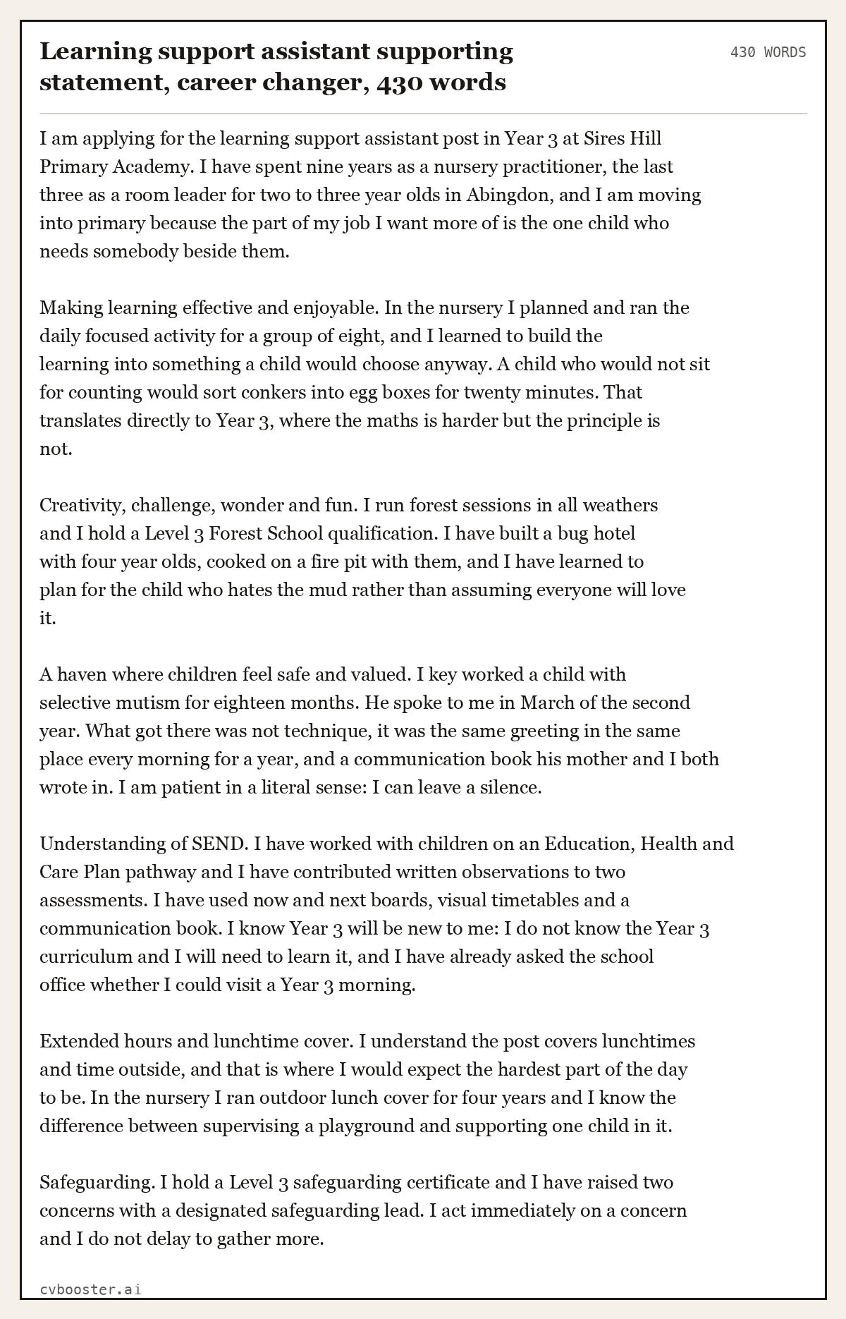 Complete Learning support assistant supporting statement, career changer example, 430 words, laid out as it would sit in the application form