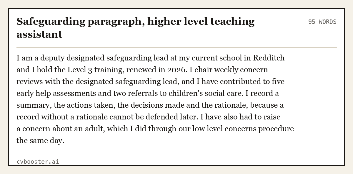 Complete Safeguarding paragraph, higher level teaching assistant example, 95 words, laid out as it would sit in the application form