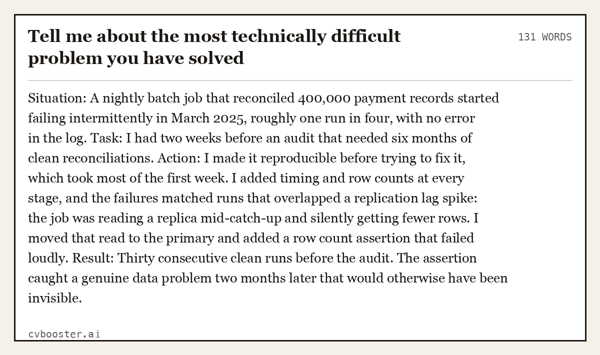 Full interview answer to "Tell me about the most technically difficult problem you have solved", 131 words, labelled Situation, Task, Action, Result