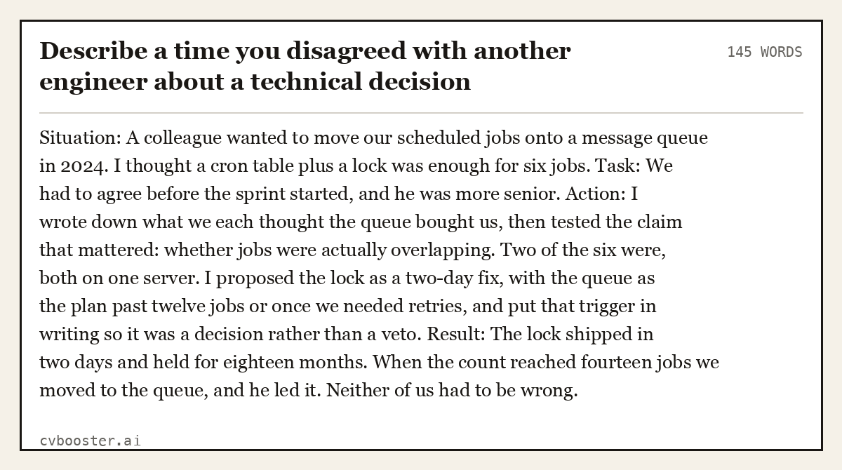 Full interview answer to "Describe a time you disagreed with another engineer about a technical decision", 145 words, labelled Situation, Task, Action, Result
