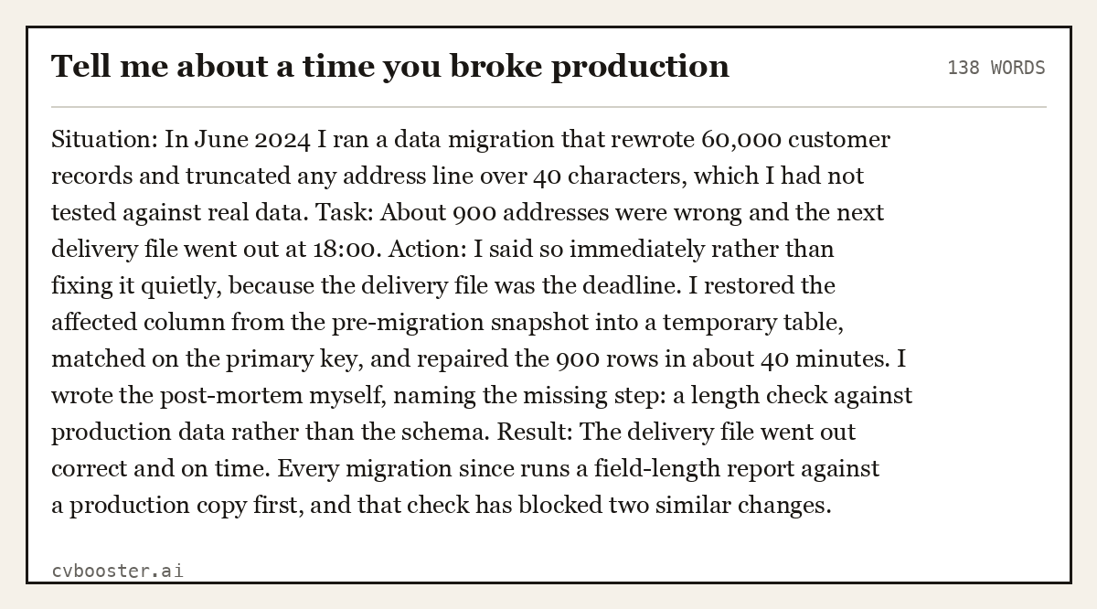 Full interview answer to "Tell me about a time you broke production", 138 words, labelled Situation, Task, Action, Result
