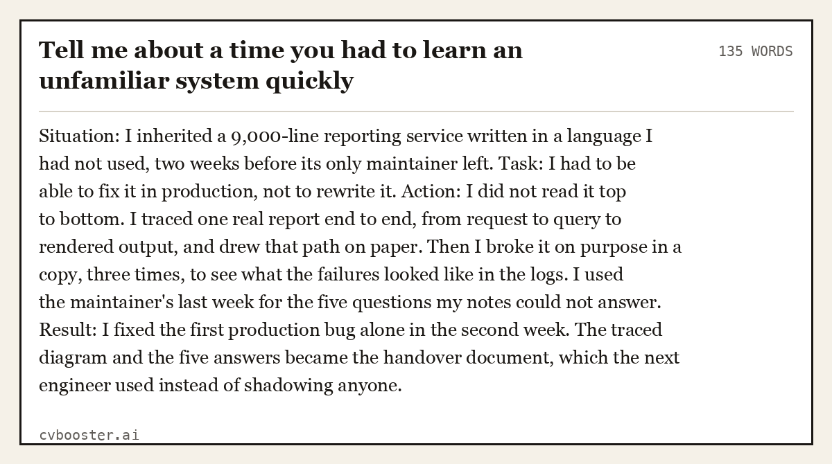 Full interview answer to "Tell me about a time you had to learn an unfamiliar system quickly", 135 words, labelled Situation, Task, Action, Result
