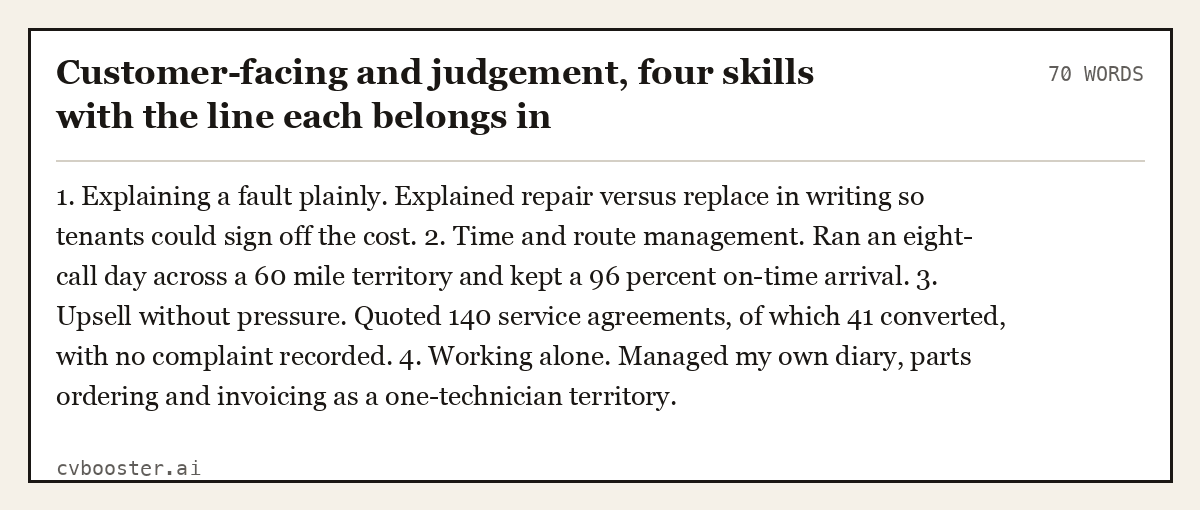 Complete Customer-facing and judgement, four skills with the line each belongs in example, 70 words, laid out as it would sit in the application form