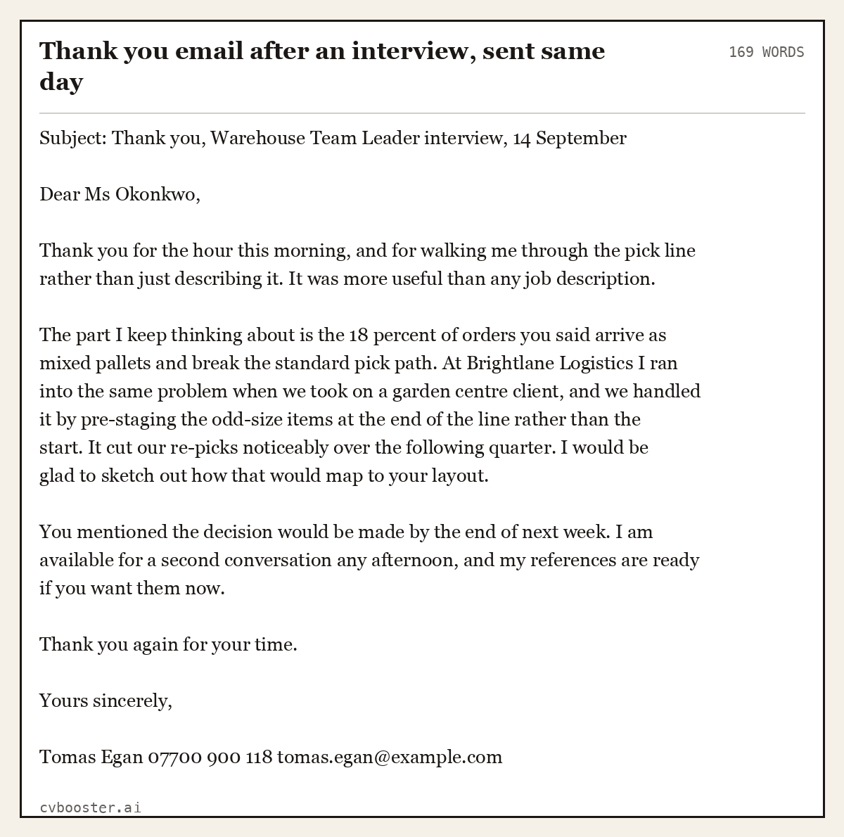 Complete Thank you email after an interview, sent same day example, 169 words, laid out as it would sit in the application form