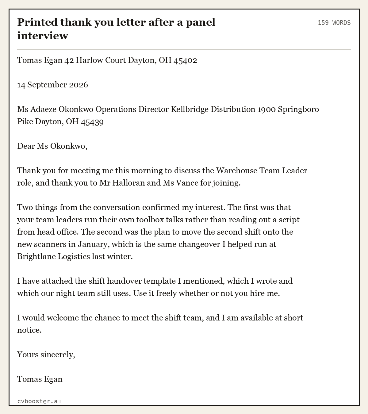 Complete Printed thank you letter after a panel interview example, 159 words, laid out as it would sit in the application form