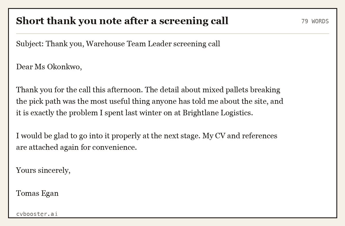 Complete Short thank you note after a screening call example, 79 words, laid out as it would sit in the application form