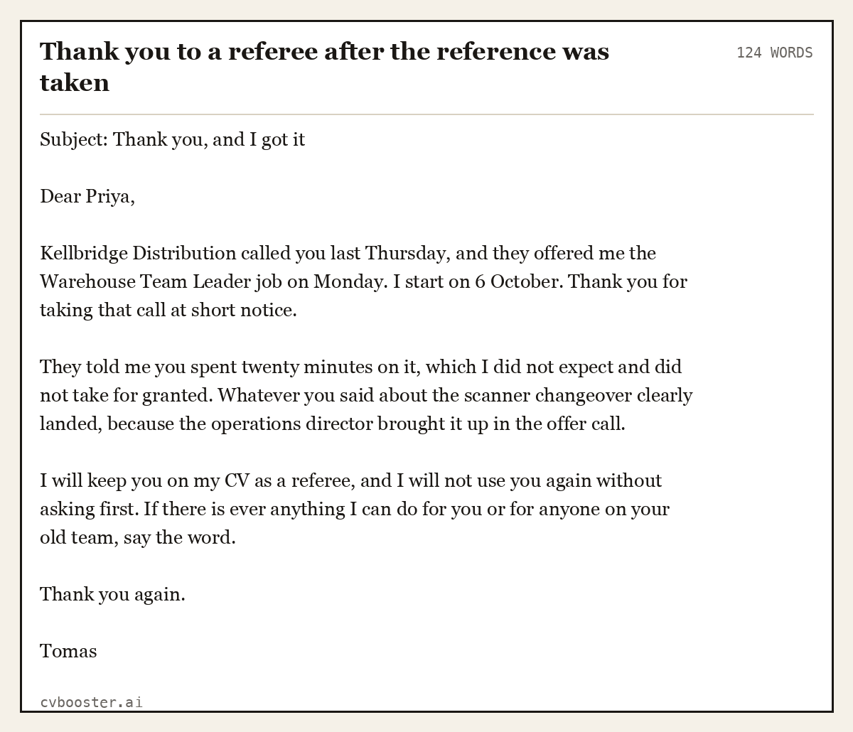 Complete Thank you to a referee after the reference was taken example, 124 words, laid out as it would sit in the application form