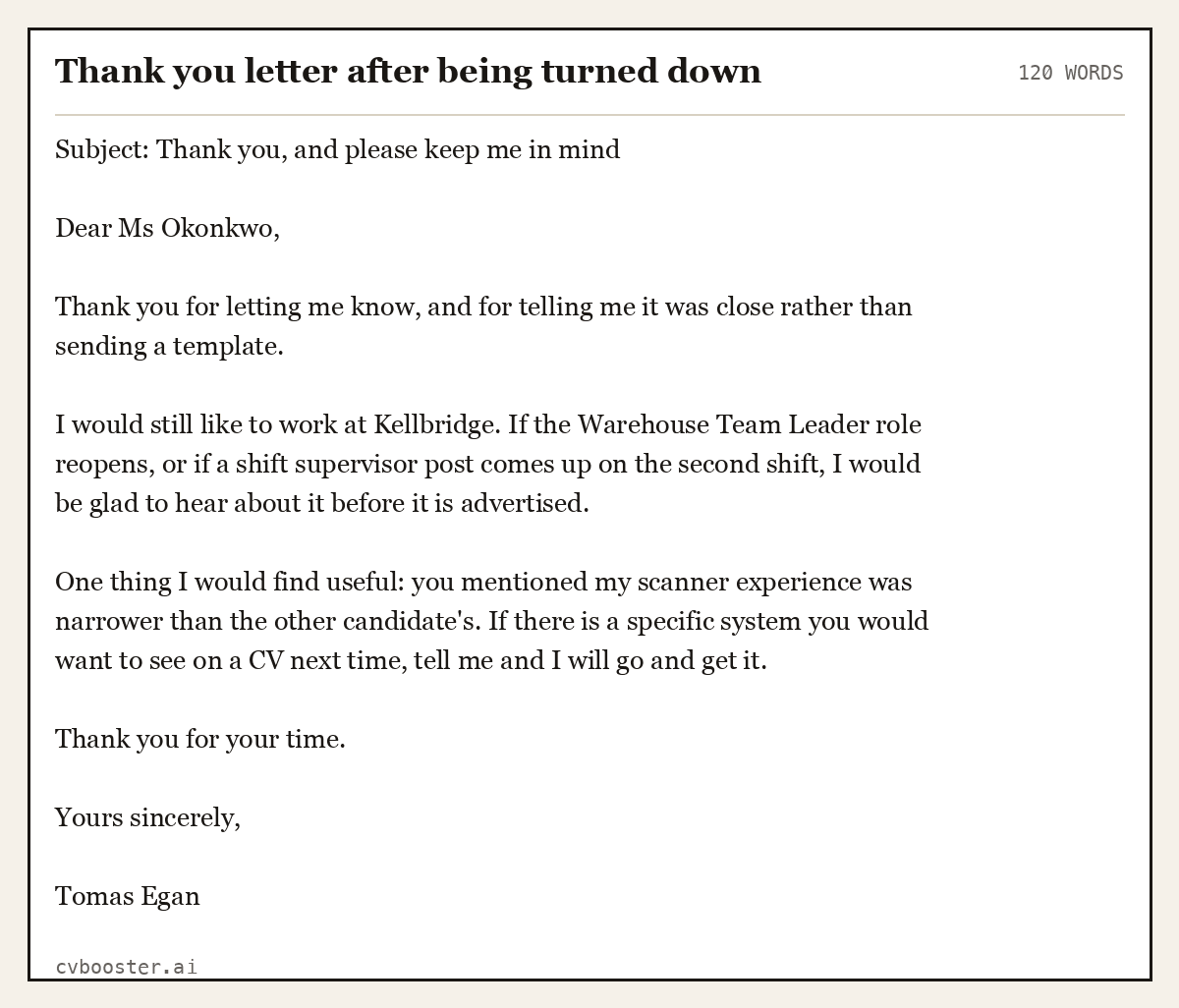 Complete Thank you letter after being turned down example, 120 words, laid out as it would sit in the application form