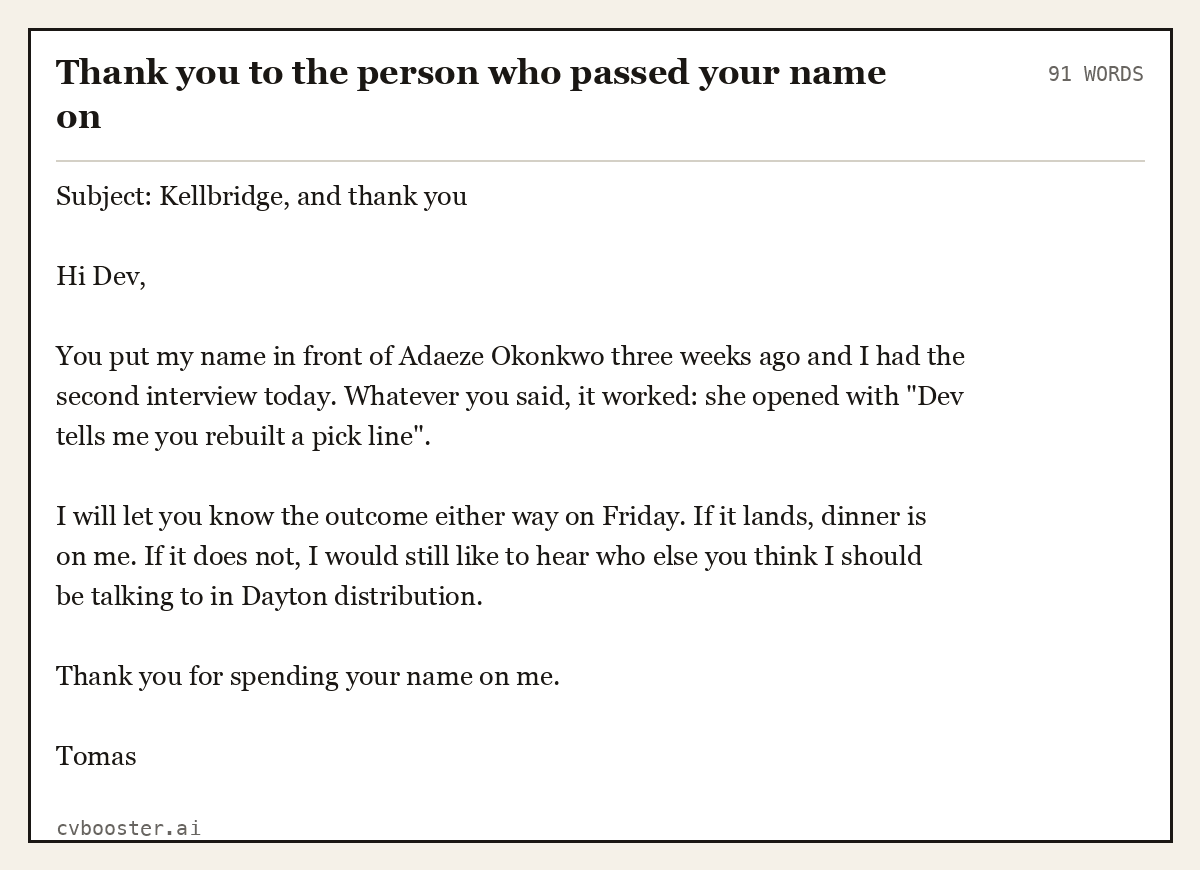 Complete Thank you to the person who passed your name on example, 91 words, laid out as it would sit in the application form