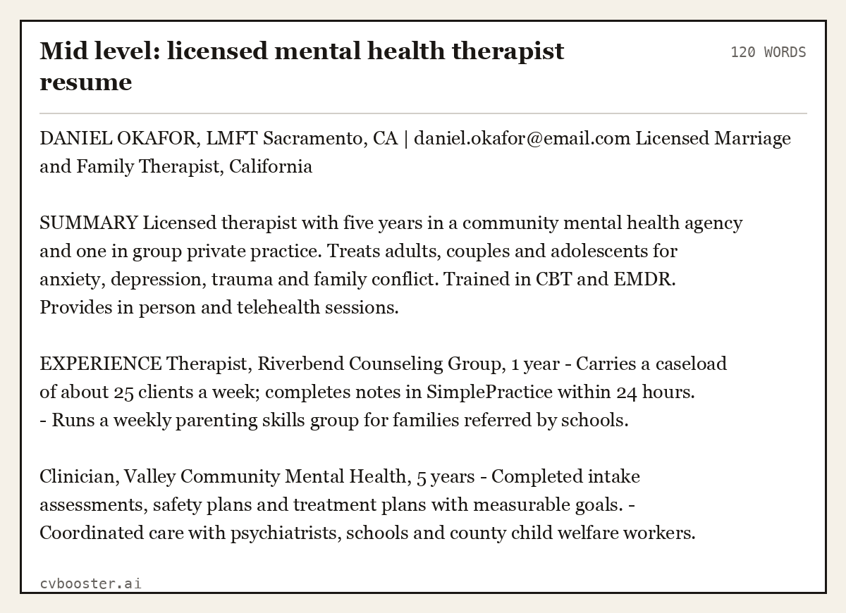 Complete Mid level: licensed mental health therapist resume example, 120 words, laid out as it would sit in the application form