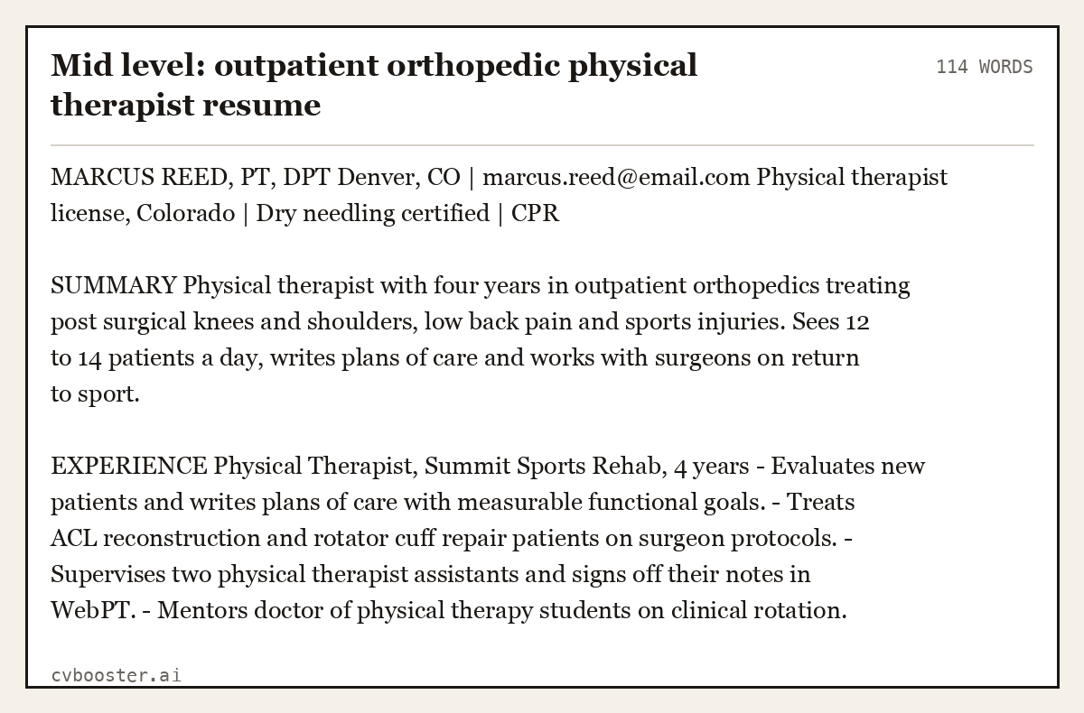 Complete Mid level: outpatient orthopedic physical therapist resume example, 114 words, laid out as it would sit in the application form
