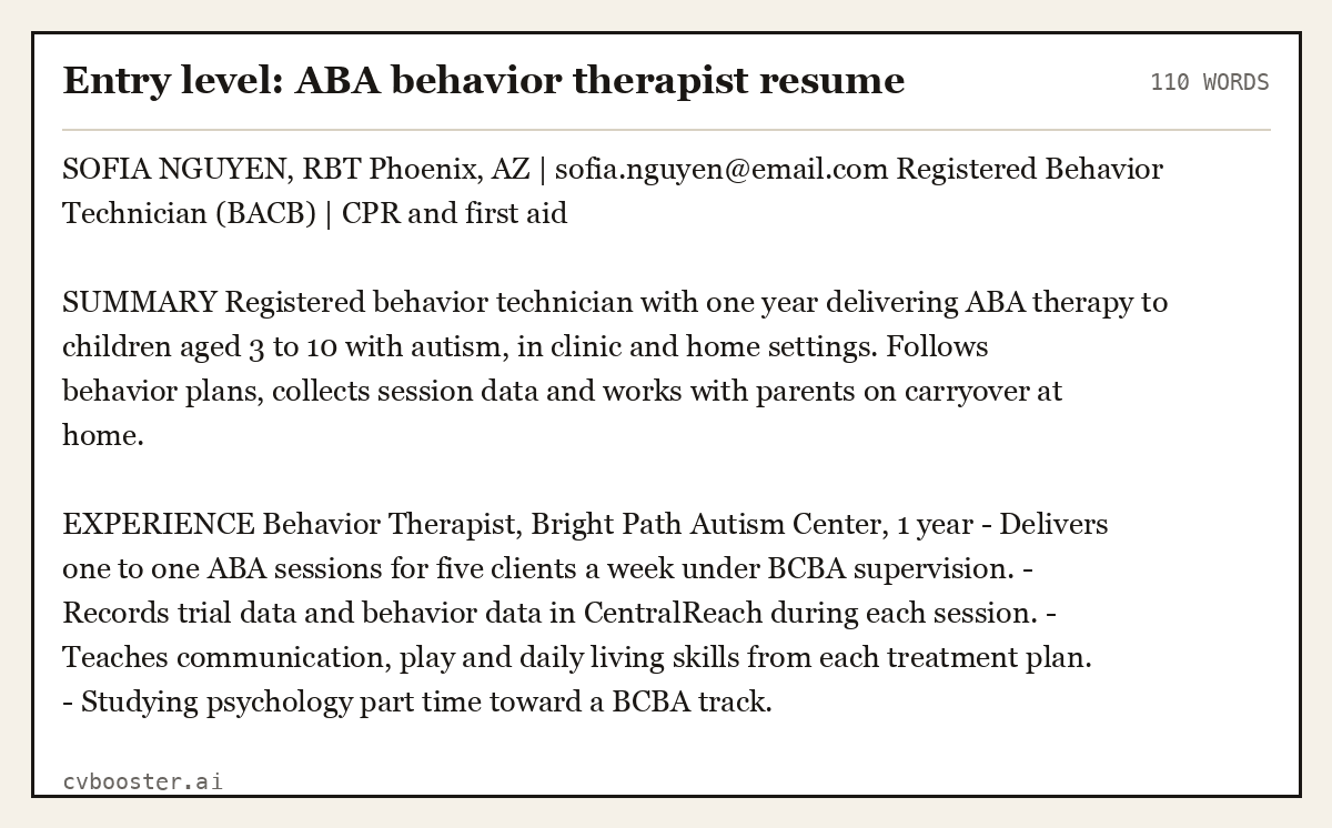 Complete Entry level: ABA behavior therapist resume example, 110 words, laid out as it would sit in the application form