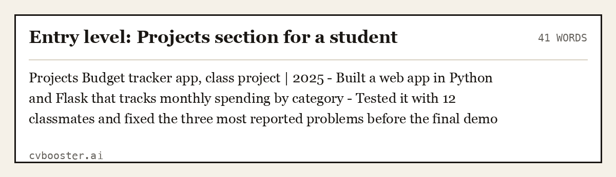 Complete Entry level: Projects section for a student example, 41 words, laid out as it would sit in the application form