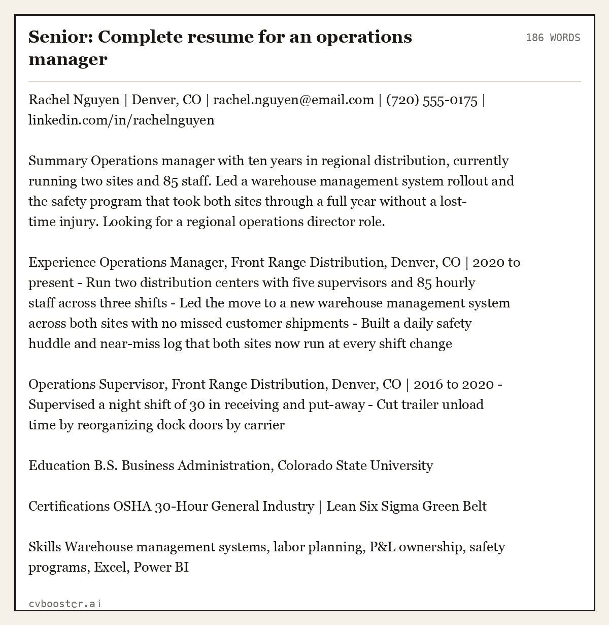 Complete Senior: Complete resume for an operations manager example, 186 words, laid out as it would sit in the application form