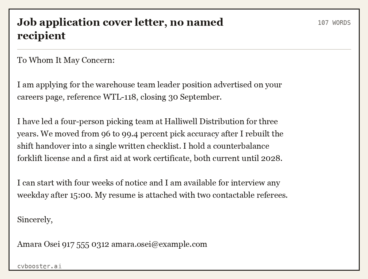 Complete Job application cover letter, no named recipient example, 107 words, laid out as it would sit in the application form