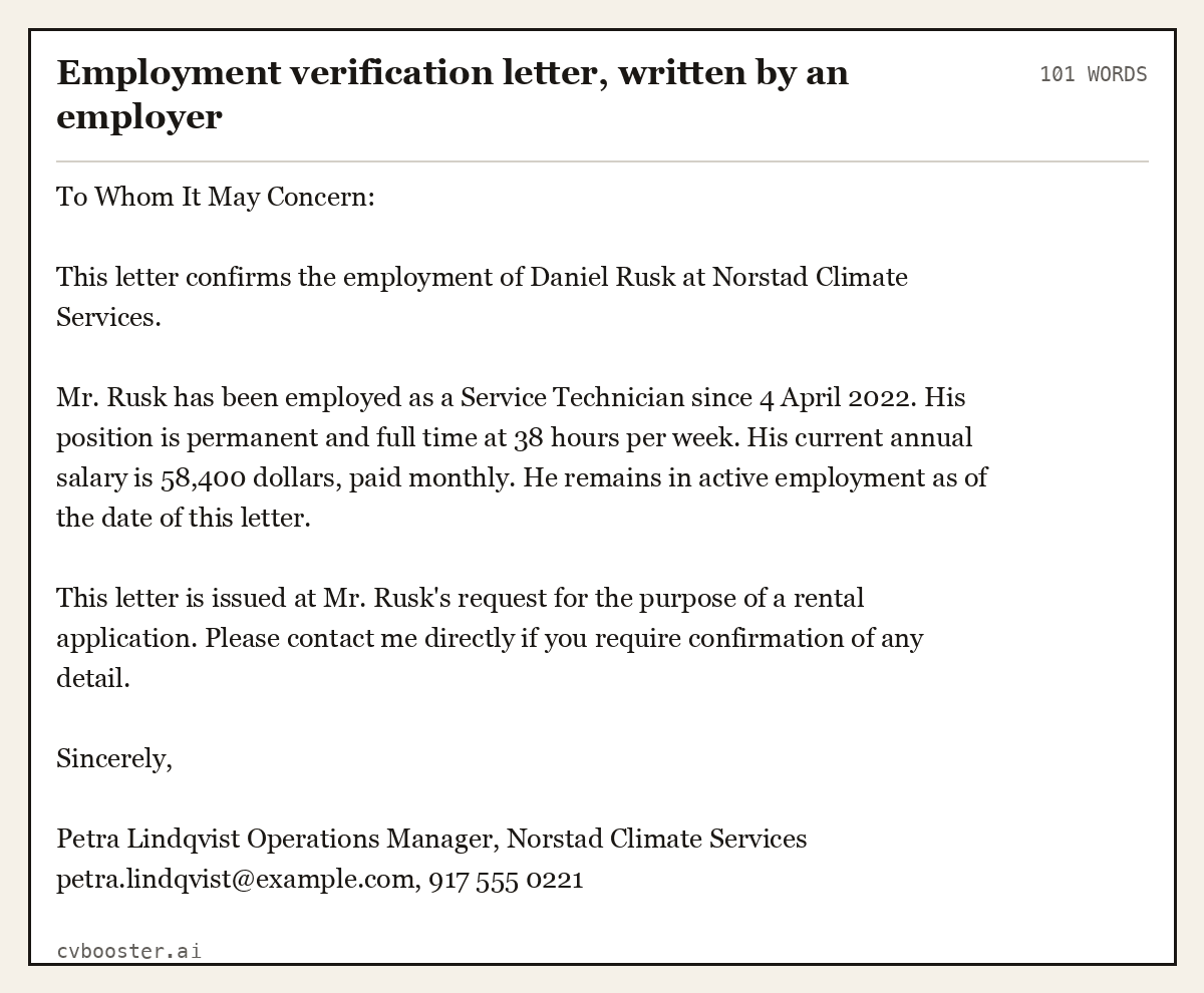 Complete Employment verification letter, written by an employer example, 101 words, laid out as it would sit in the application form