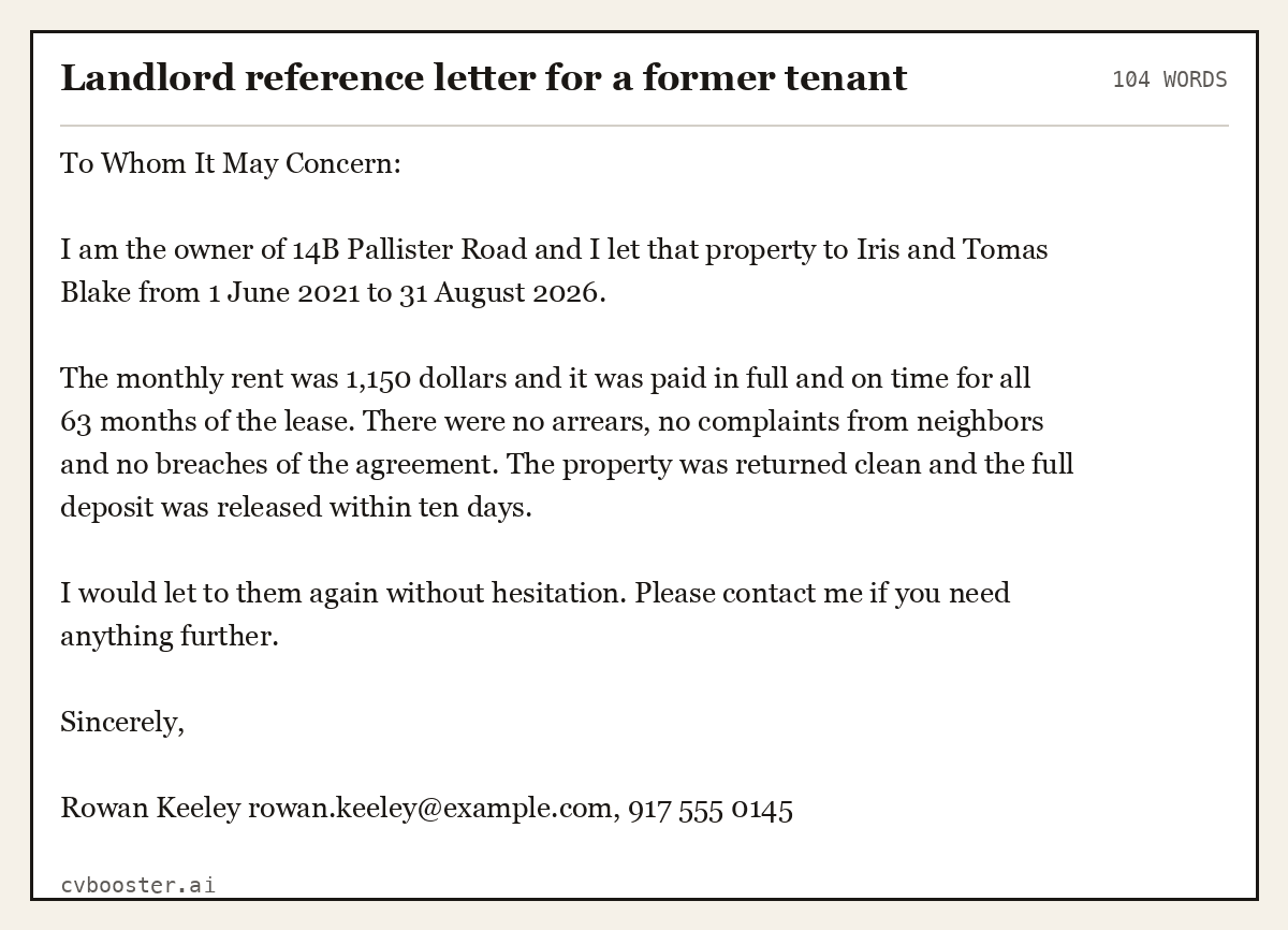Complete Landlord reference letter for a former tenant example, 104 words, laid out as it would sit in the application form