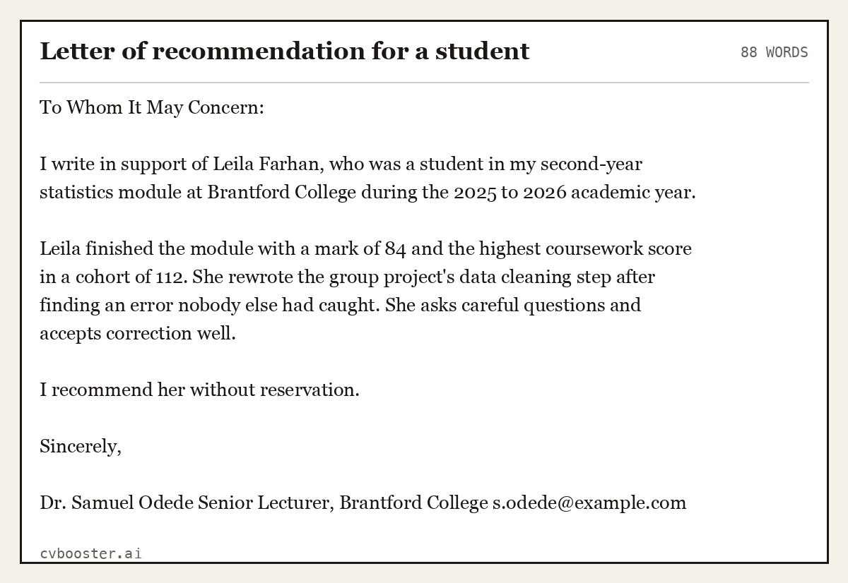 Complete Letter of recommendation for a student example, 88 words, laid out as it would sit in the application form