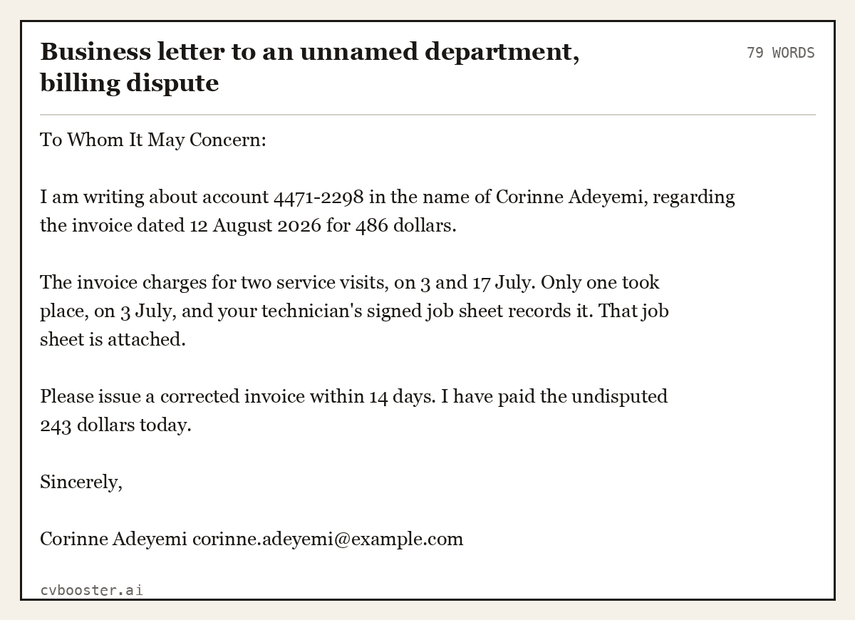 Complete Business letter to an unnamed department, billing dispute example, 79 words, laid out as it would sit in the application form