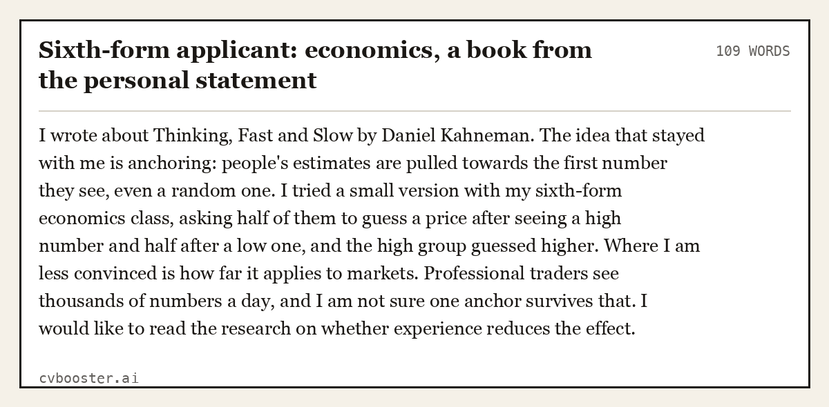 Complete Sixth-form applicant: economics, a book from the personal statement example, 109 words, laid out as it would sit in the application form