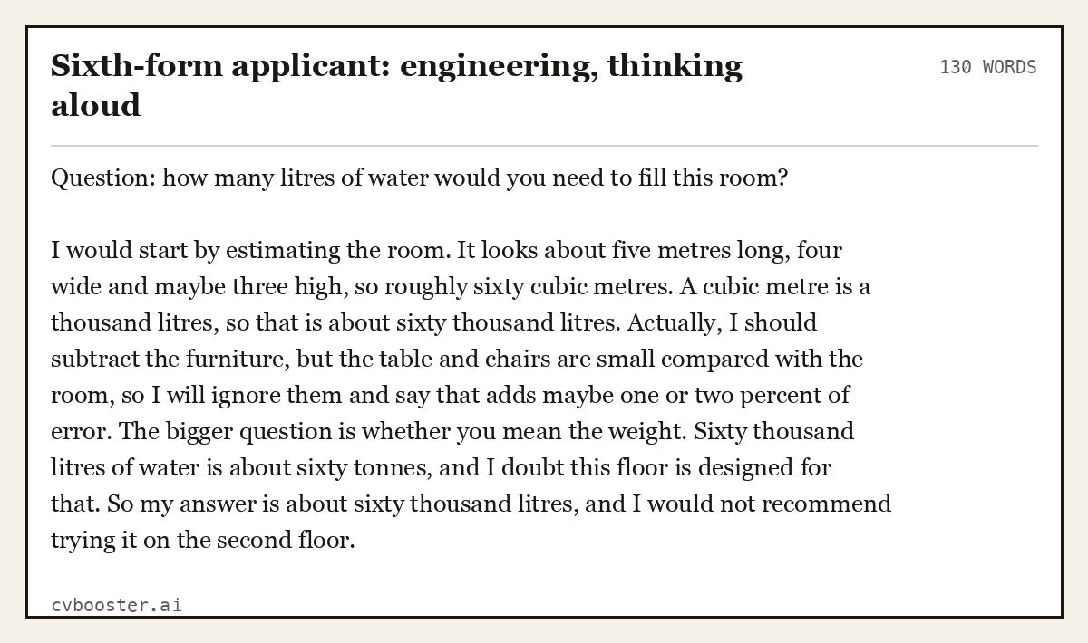 Complete Sixth-form applicant: engineering, thinking aloud example, 130 words, laid out as it would sit in the application form