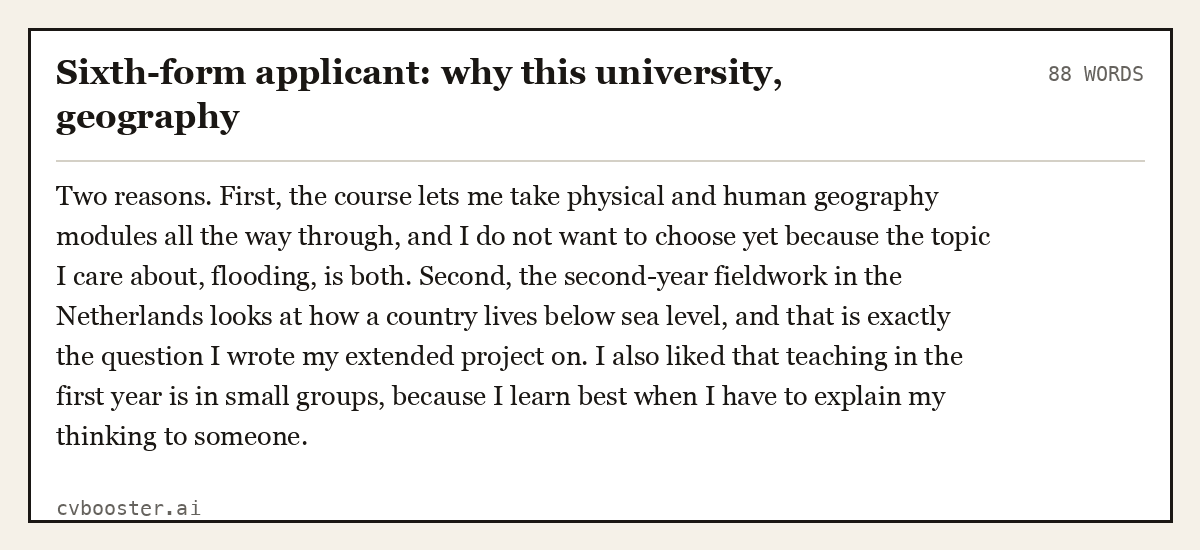 Complete Sixth-form applicant: why this university, geography example, 88 words, laid out as it would sit in the application form