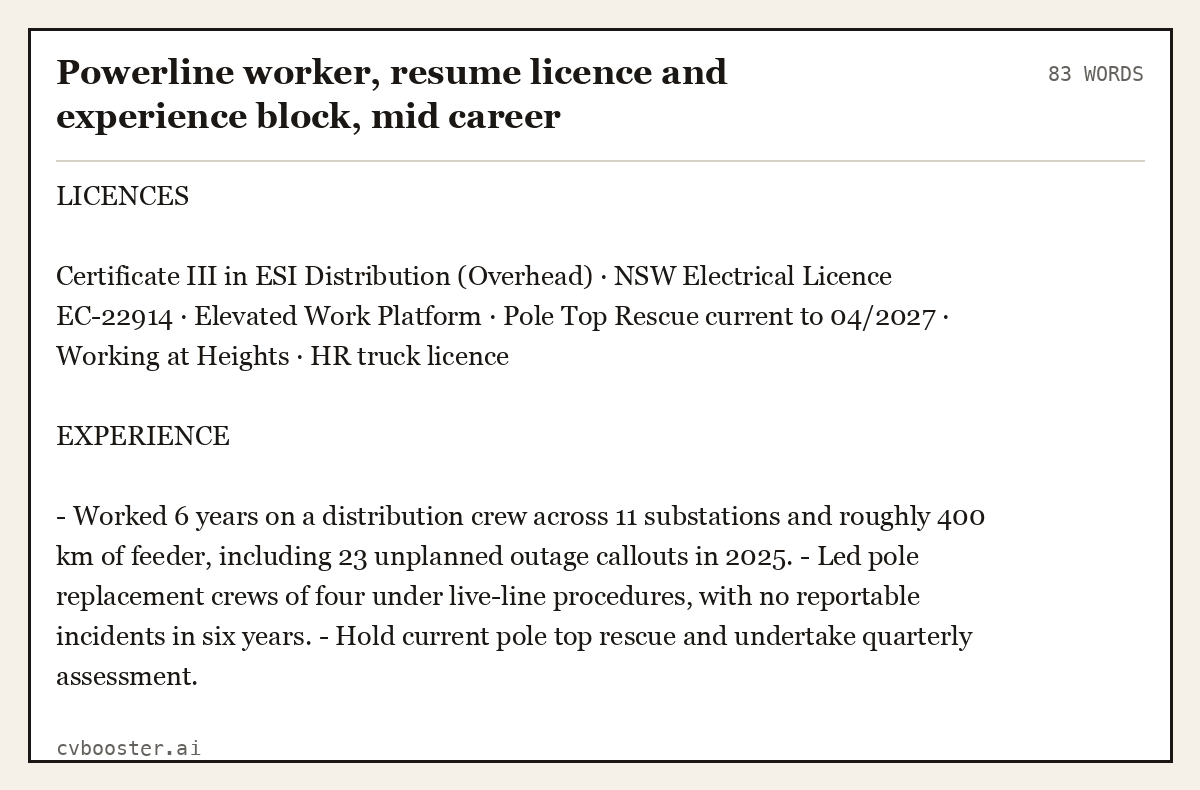 Complete Powerline worker, resume licence and experience block, mid career example, 83 words, laid out as it would sit in the application form